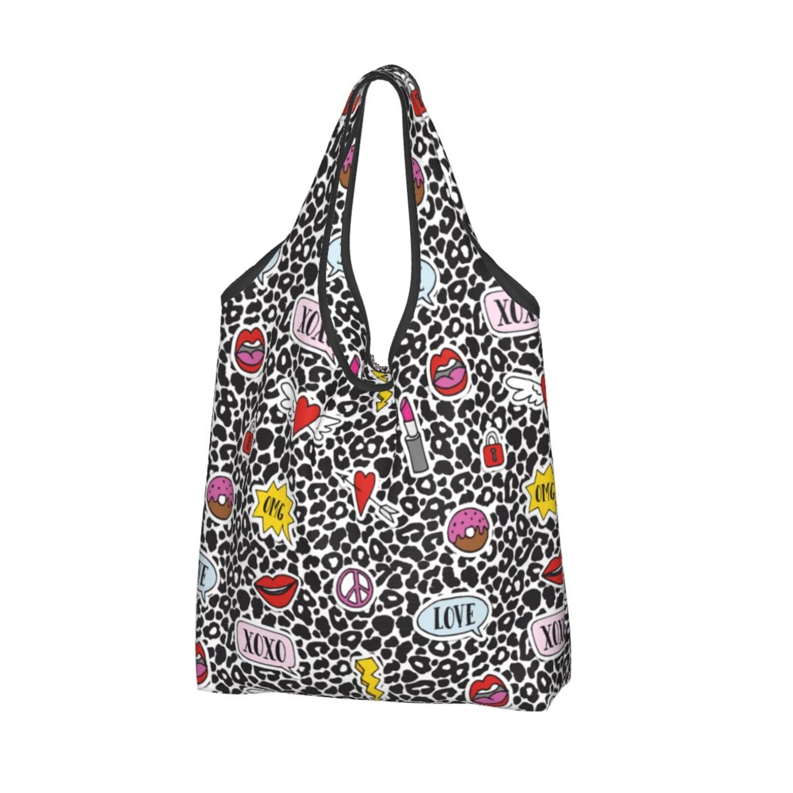 Stylish Black and White Leopard Print Reusable Shopping Bags - Waterproof Foldable Grocery Tote with Love Design for Supermarket, Beach & Travel