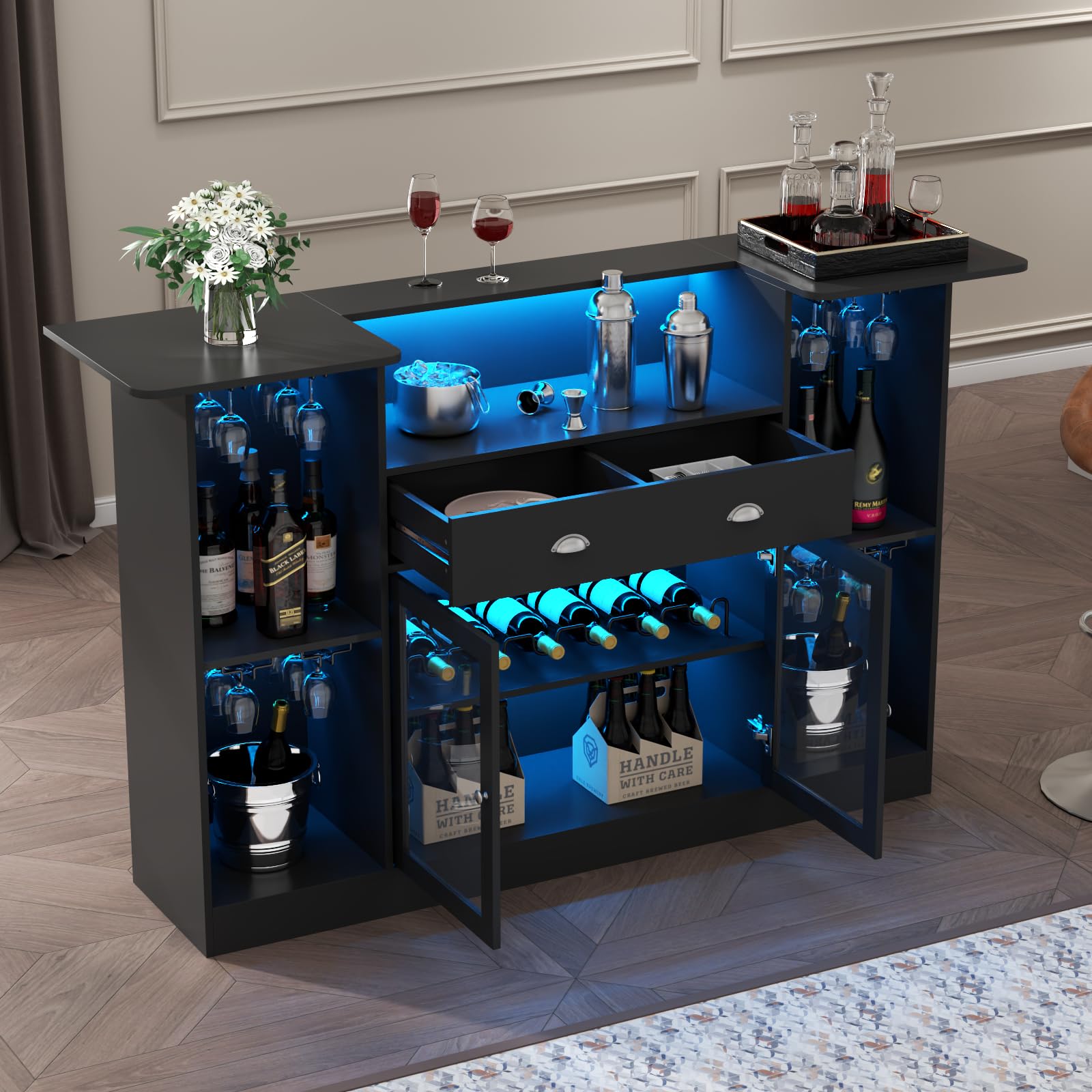 Premium Loomie LED Bar Table Cabinet with Drawer - 8-Tier Storage Mini Liquor Bar with Stemware Holder & Adjustable Wine Rack - Crescent Shaped Glass Door Counter for Home Pub, Kitchen, Living Room or Man Cave