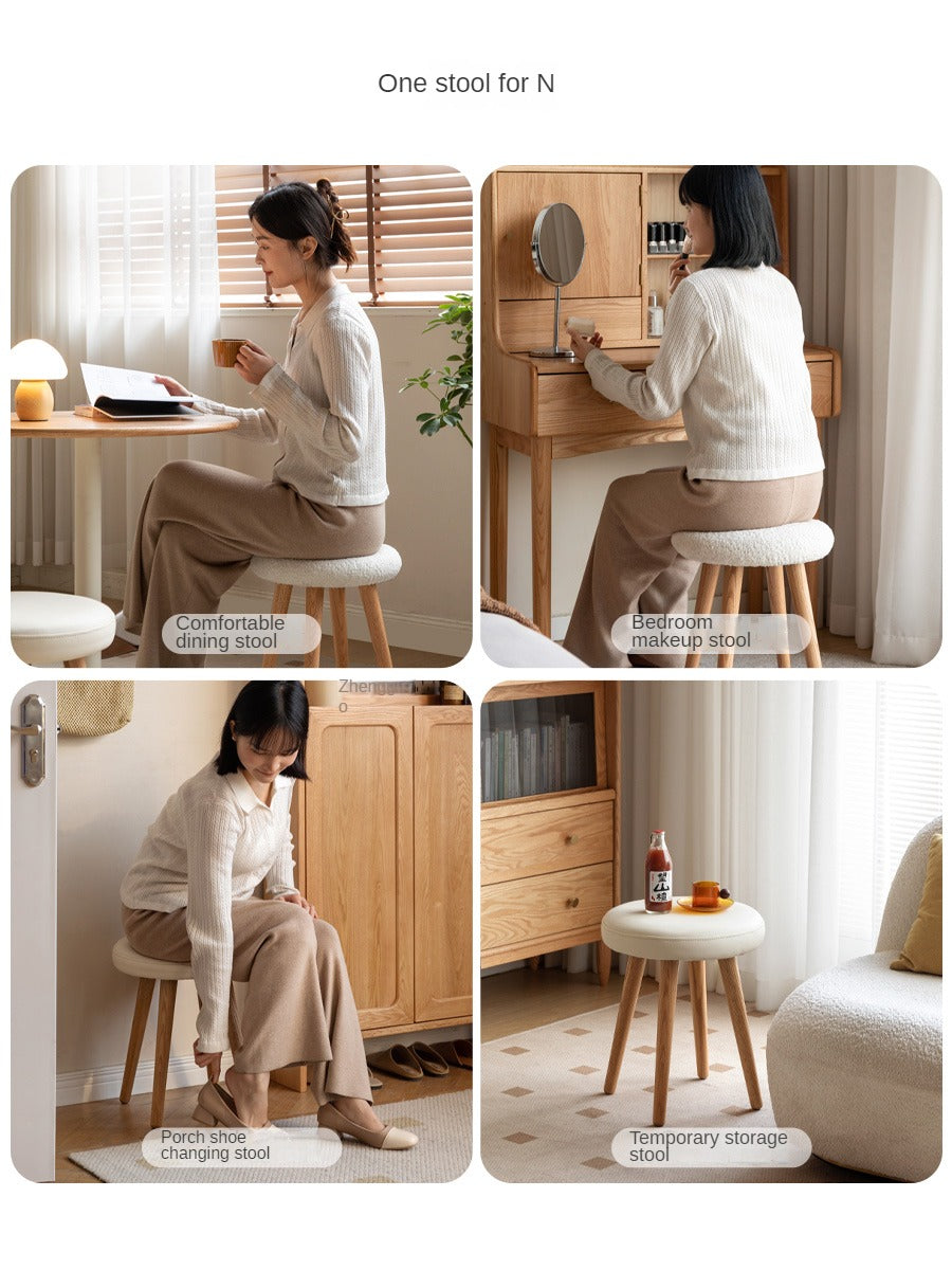 Oak Solid Wood Round Makeup Stool - Durable Vanity Seat with Cushion for Bedroom, Bathroom & Dressing Room - Perfect for Makeup, Hair Styling & Relaxing