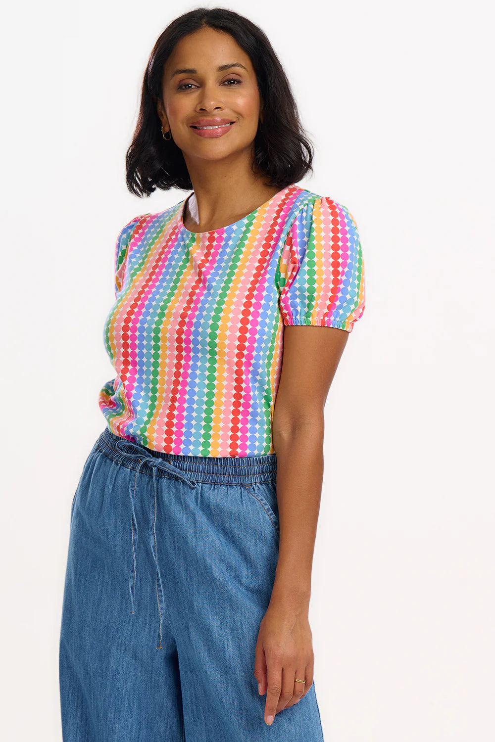 Lexley Jersey Top for Women - Colorful Rainbow Circles Print, Comfortable Stretch Fabric, Casual & Trendy T-Shirt - Perfect for Summer Outfits, Beach Trips, and Everyday Wear