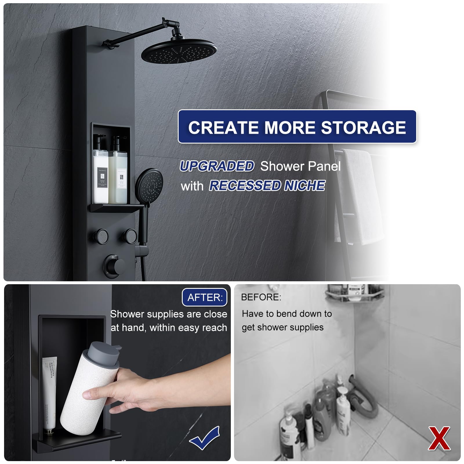 ROVATE Matte Black Shower Panel Tower System with 6 Body Jets, Rainfall Shower Head & Handheld - Adjustable Shower Arm, Self-Cleaning Stainless Steel Shower Column with Shelf - Perfect for Modern Bathroom & Spa Experience