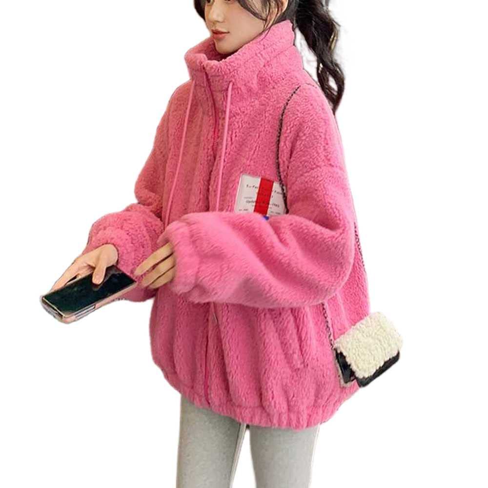 Korean Style Women's Lamb Plush Coat - Short Stand Collar Granular Fleece Fur Jacket for Winter Fashion & Casual Outfits