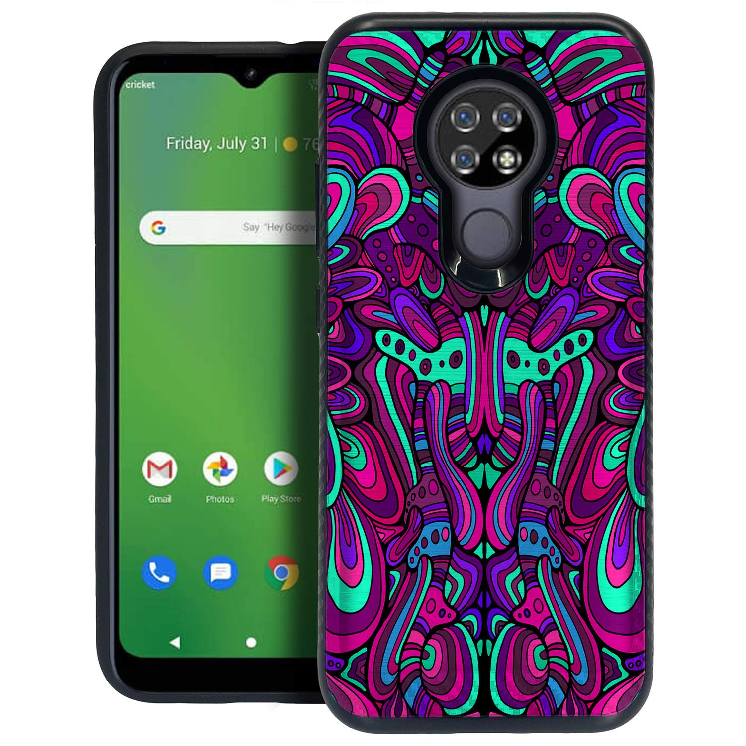 Dual Layer Protective Case for Cricket Ovation/AT&T Radiant Max (2020) - Brushed Armor Metal Cover with Trippy Purple Neon Design | Shockproof Phone Case for Everyday Use & Outdoor Activities