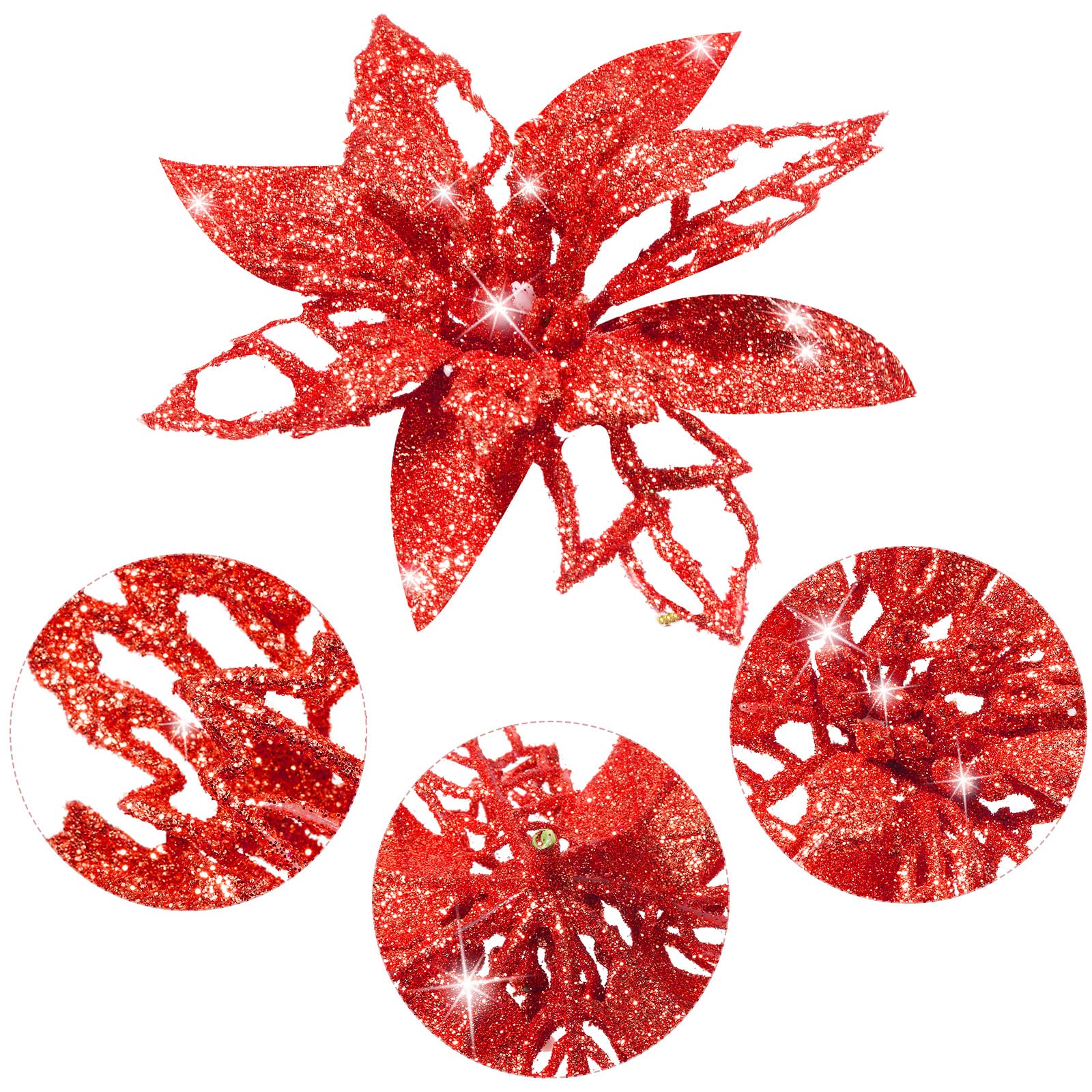 24-Piece Red Glitter Artificial Poinsettia Flowers - Christmas Tree Decorations, Wedding Centerpieces & New Year Party Decor - Holiday Home & Office Decorative Accents