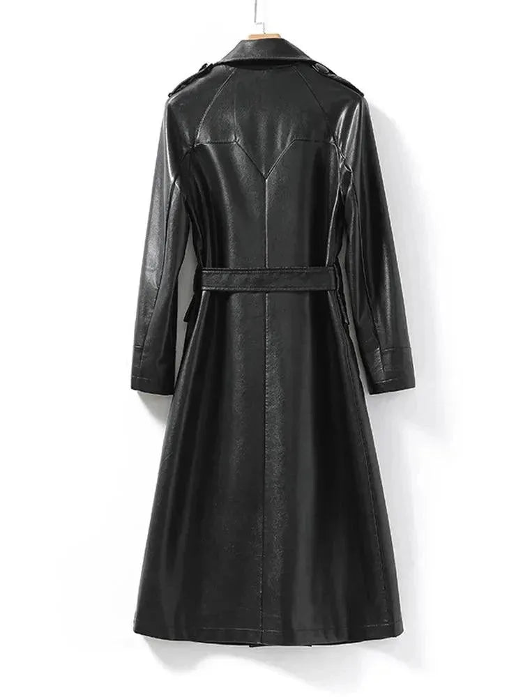 Women's Long Belted Leather Overcoat - Classic Trench Coat for Fall & Winter | Water-Resistant Outerwear for Work, Travel & Formal Occasions