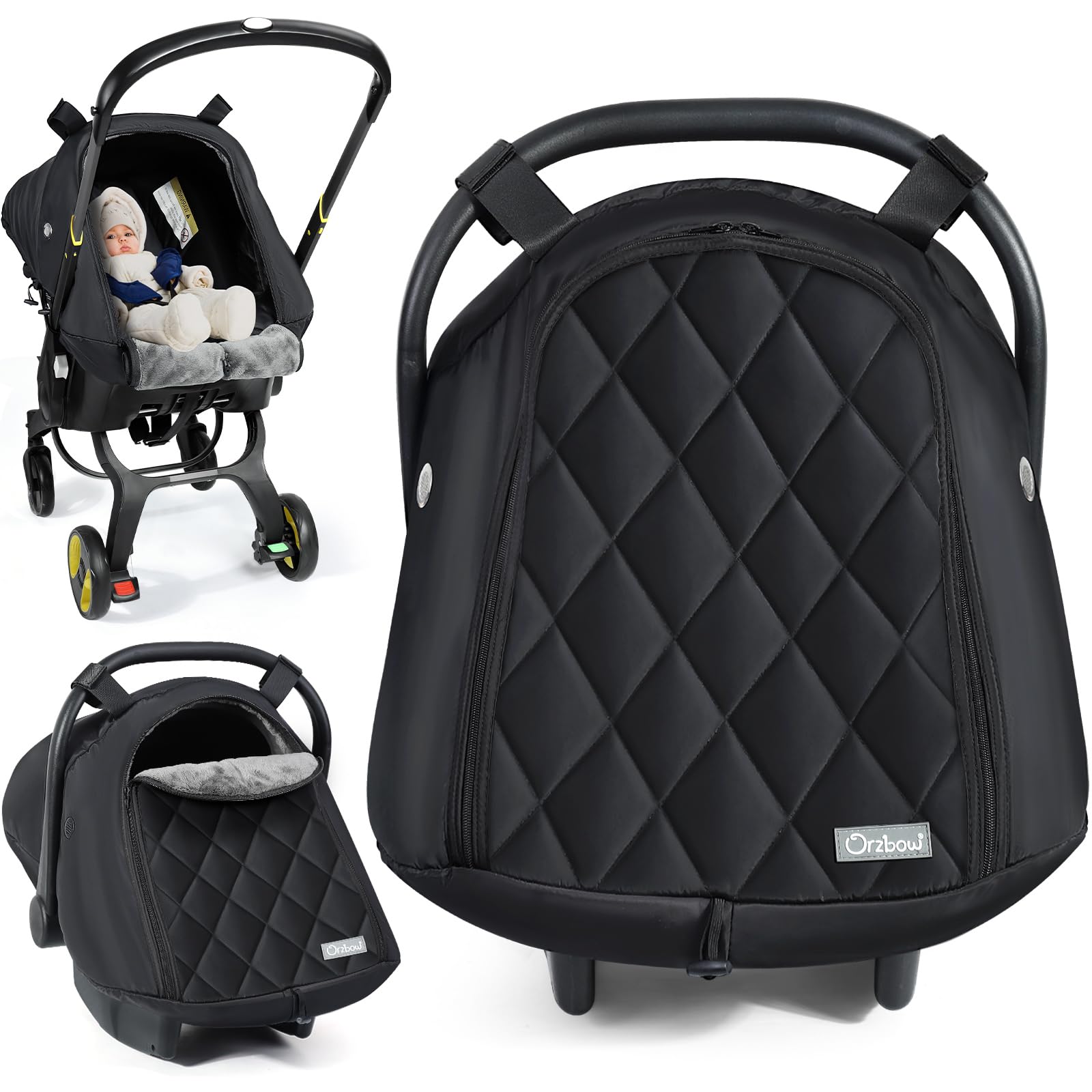 Orzbow Winter Baby Car Seat Cover - Front Zipper Door, Breathable & Waterproof Canopy for Rain, Snow & Wind Protection - Machine Washable Black Car Seat Cover for Cold Weather - Perfect for Winter Travel & Outdoor Adventures with Baby