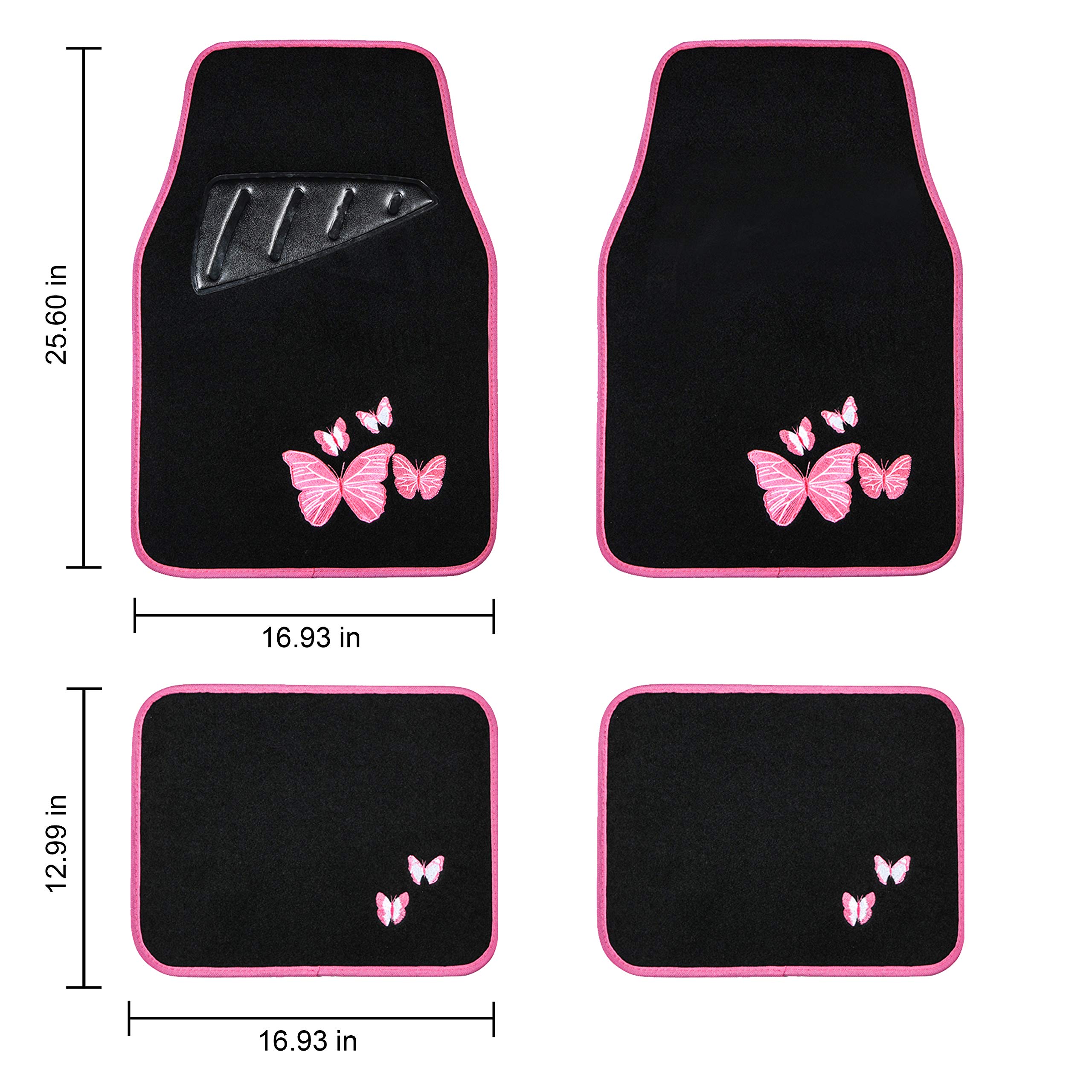 August Auto Universal Fit Butterfly Carpet Car Floor Mats with Heel Pad - 4-Piece Set for Sedans, SUVs, Trucks & Vans (Black/Pink) | All-Weather Protection & Enhanced Grip for Daily Commutes, Road Trips & Family Adventures