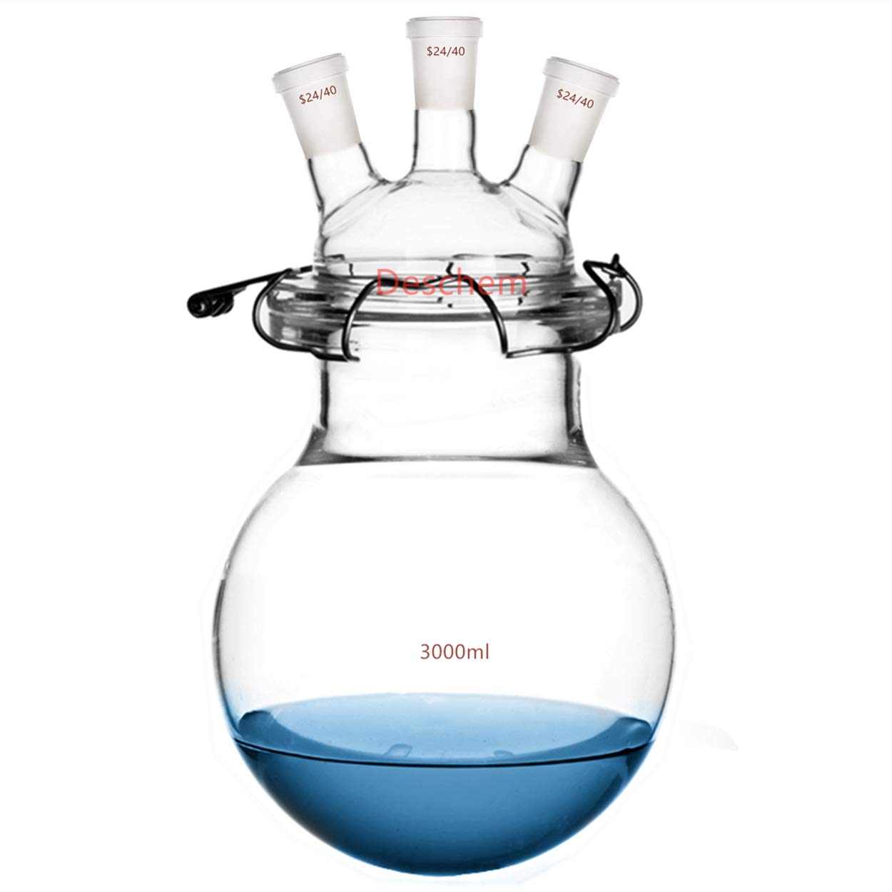 24/40 Three Neck Glass Reactor with Round Bottom - Laboratory Reaction Kettle with 3-Neck Lid & Steel Clamp for Chemical Synthesis, Distillation & Research Experiments