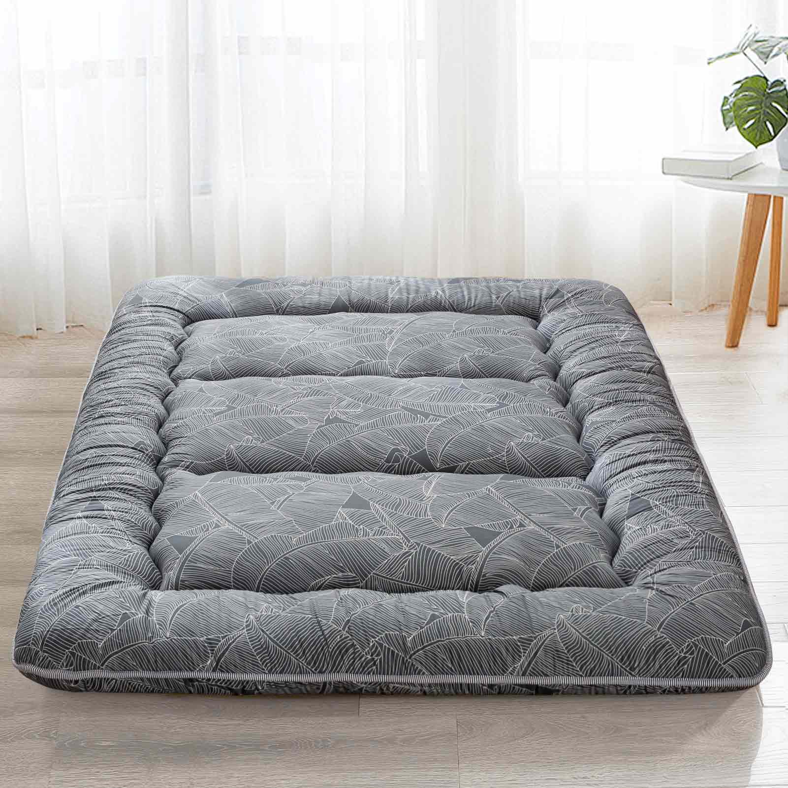 MAXYOYO Floor Mattress - Black Leaf Printed Japanese Futon Mattress for Adults & Kids | Extra Thick Foldable Tatami Mattress for Bedroom, Guest Room & Camping | Perfect for Sleepovers, Travel & Floor Lounging