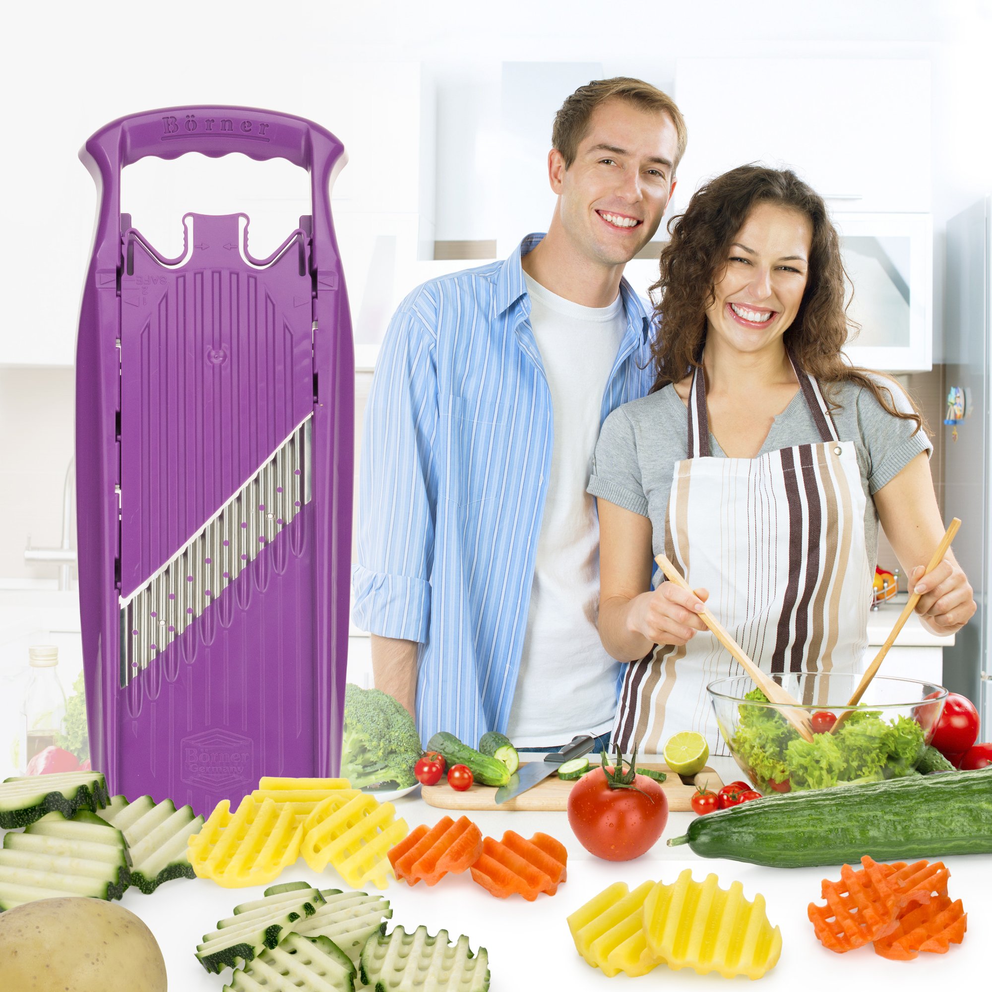 Börner Wave-Waffle PowerLine Crinkle Cutter with Safety Guard - 2-Piece Vegetable Slicer Set for Perfect Wave & Waffle Cuts - Ideal for Lattice Potatoes, Fries & Creative Food Presentation - Purple Kitchen Tool for Home Chefs & Meal Prep