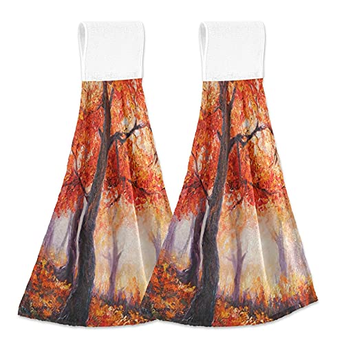 Autumn Maple Forest Kitchen Hanging Hand Towels Set of 2 - Fall Scenery Oil Painting Design, Absorbent Cotton Loop Towels for Thanksgiving - Perfect for Kitchen, Bathroom, Restroom Decor & Holiday Home Decorating
