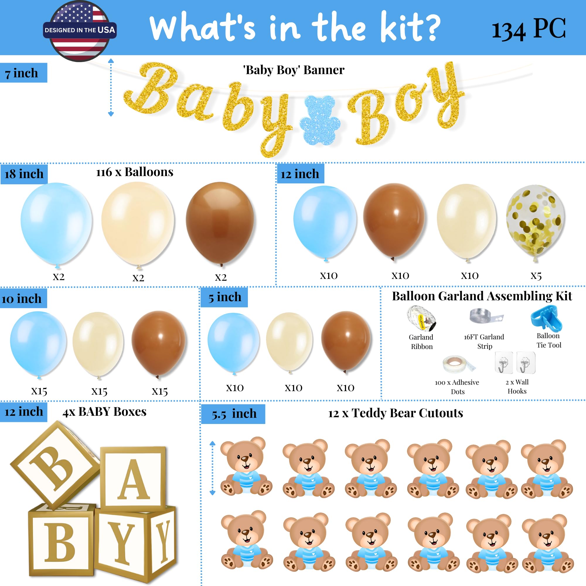 134-Piece Teddy Bear Baby Shower Decor Set for Boys - Gold Glitter Balloon Arch Garland, Baby Boxes, Banner & Bear Cutouts | Gender Reveal, Nursery Party, First Birthday Decorations