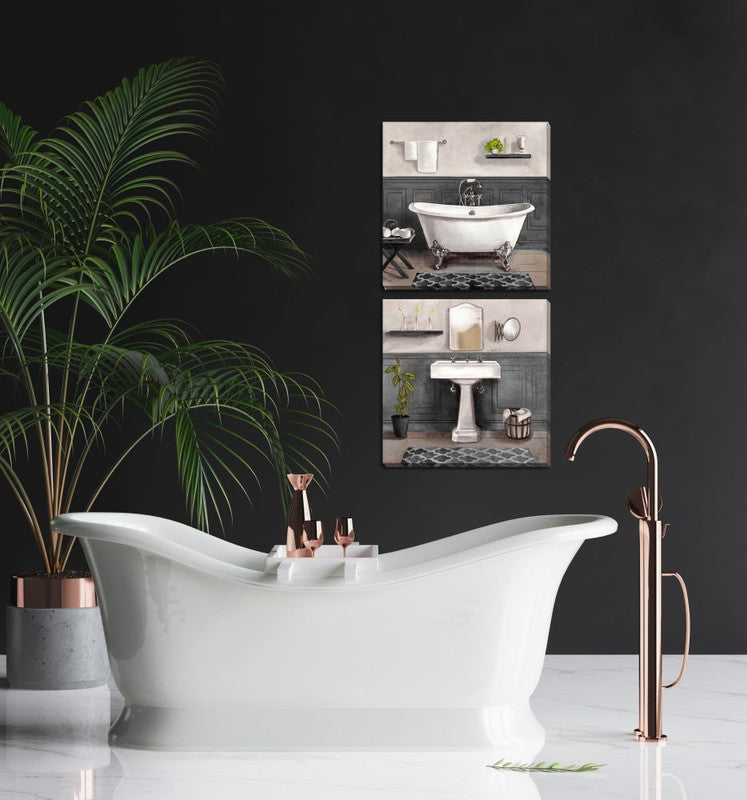 Modern White and Grey Bathroom Wall Art Set of 2 - 16x16 Inch Contemporary Abstract Canvas Prints for Home Decor, Spa, Powder Room & Guest Bathroom