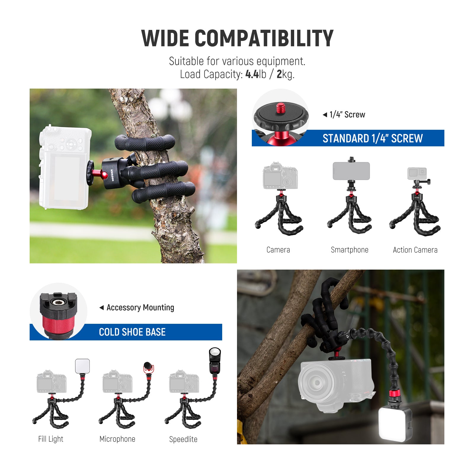 NEEWER T91 Adjustable Flexible Tripod Stand with 2 Magic Arms - Perfect for Photography, Videography, and Content Creation