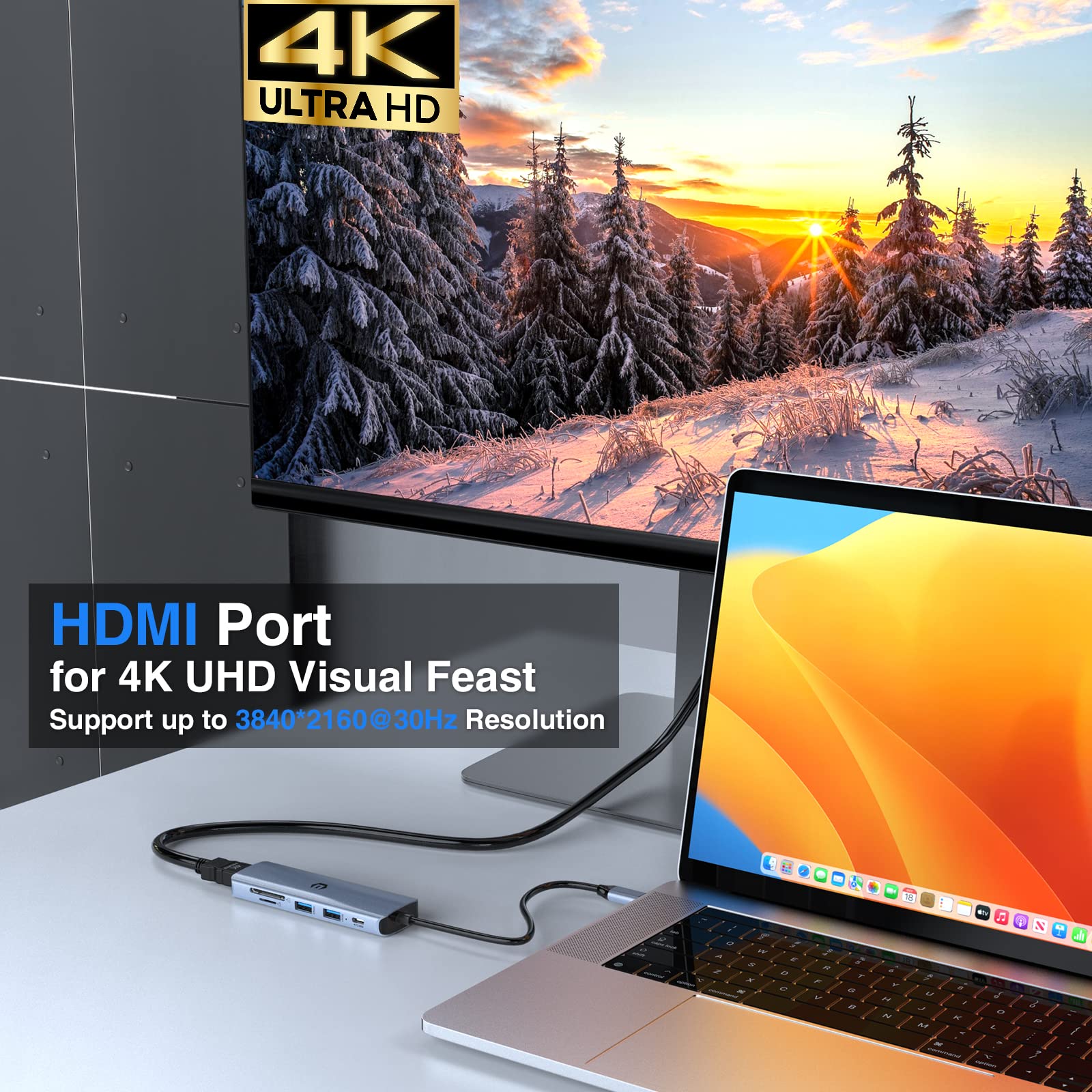 6-in-1 USB C Hub Multiport Adapter with 4K HDMI, USB 3.0, 100W PD Charging, SD/TF Card Reader - Compatible with MacBook Pro/Air, iPad Pro, Surface Pro 8 & Laptops - Perfect for Home Office, Travel & Multi-Screen Workstations