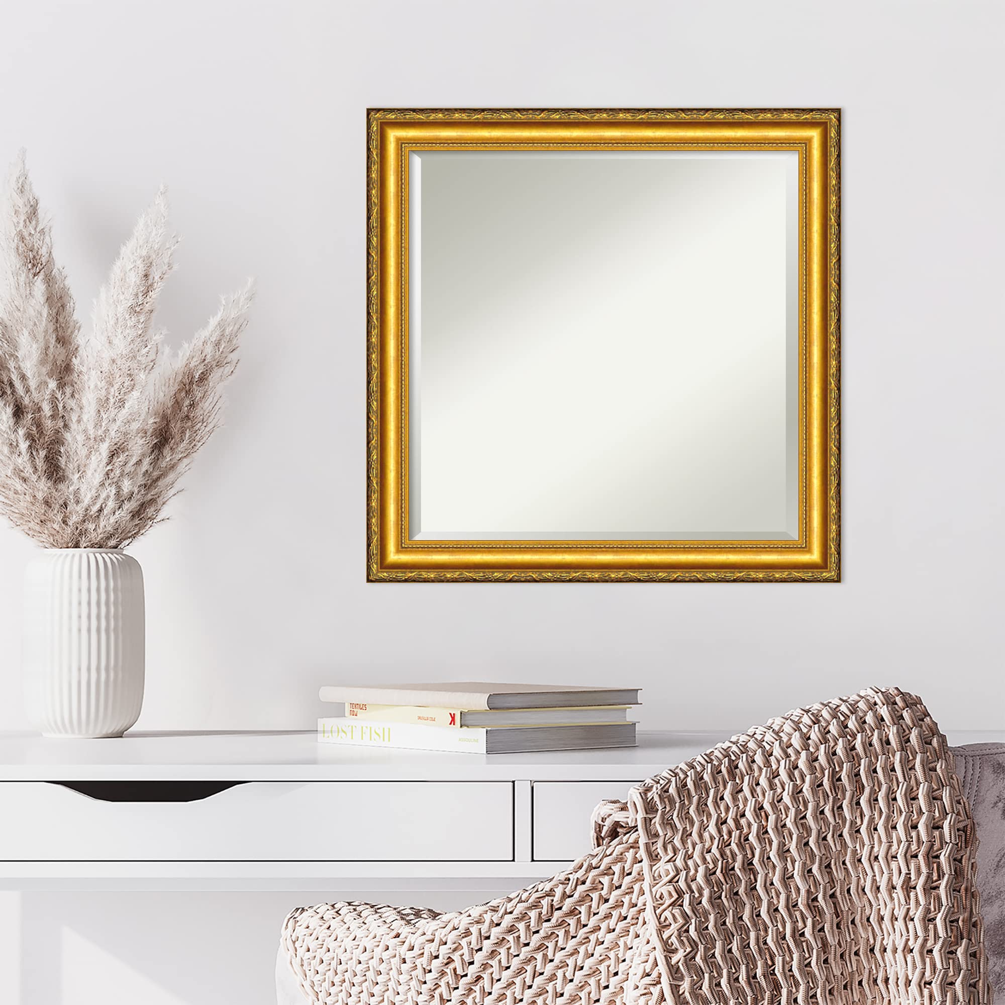 Amanti Art 24x24 Inch Gold Wall Mirror - Colonial Embossed Square Bathroom & Living Room Decor with Traditional Wood Frame - Hangs Horizontally or Vertically - Beveled Edge for Elegant Home, Bedroom, Entryway & Bathroom Decor