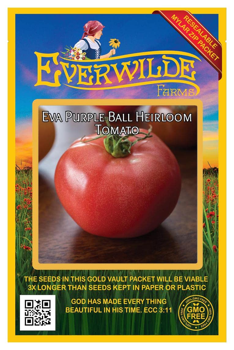 Everwilde Farms - 50 Eva Purple Ball Heirloom Tomato Seeds - Non-GMO, Organic, Open Pollinated - Gold Vault Seed Packet for Home Garden, Greenhouse & Urban Farming