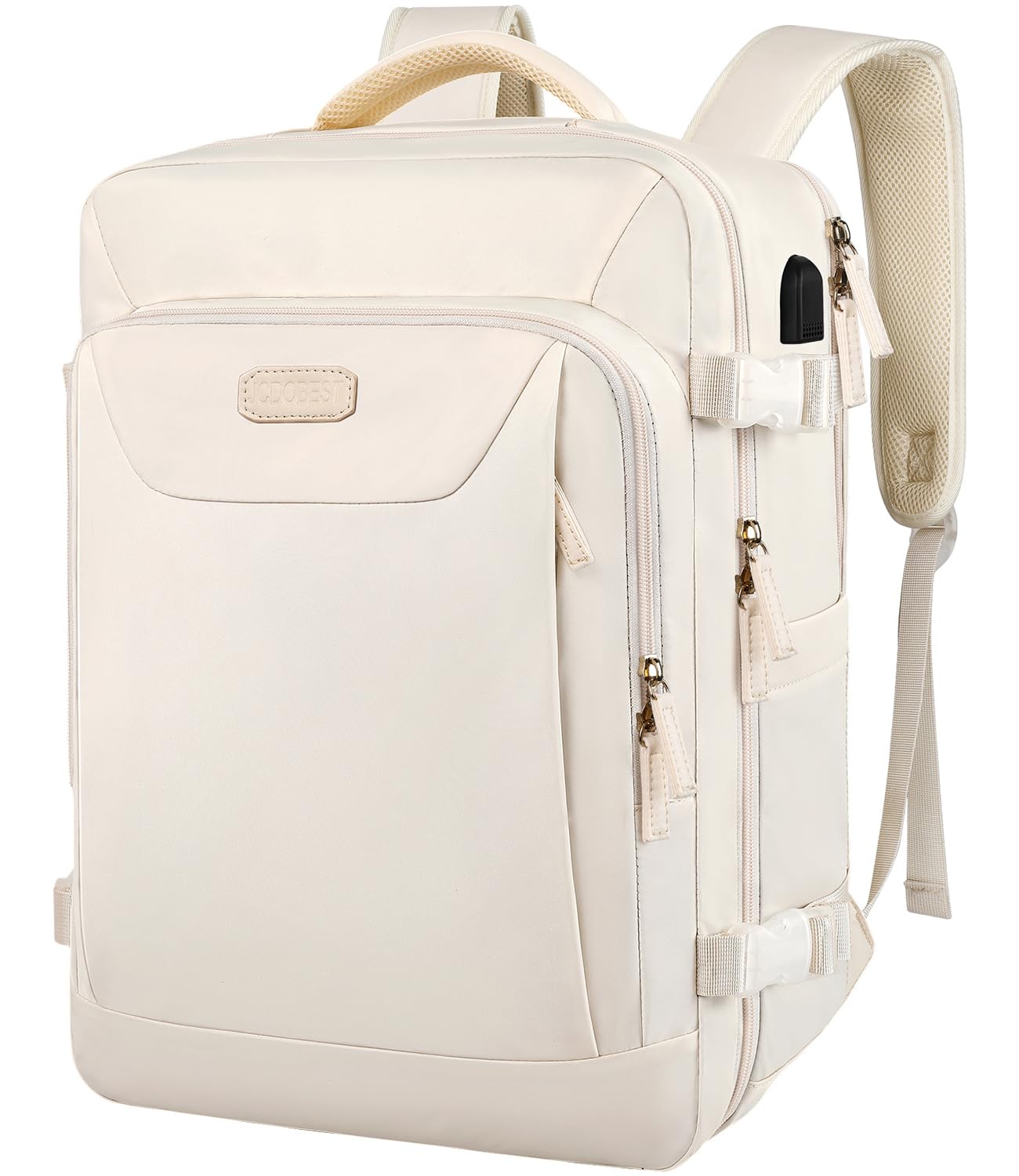 JCDOBEST Large Travel Backpack for Women - TSA Approved Carry On Backpack, Waterproof Hiking Backpack for Outdoor Sports, Lightweight Daypack with USB Charging Port & Shoe Compartment (Beige) - Perfect for Air Travel, Camping & Daily Commute