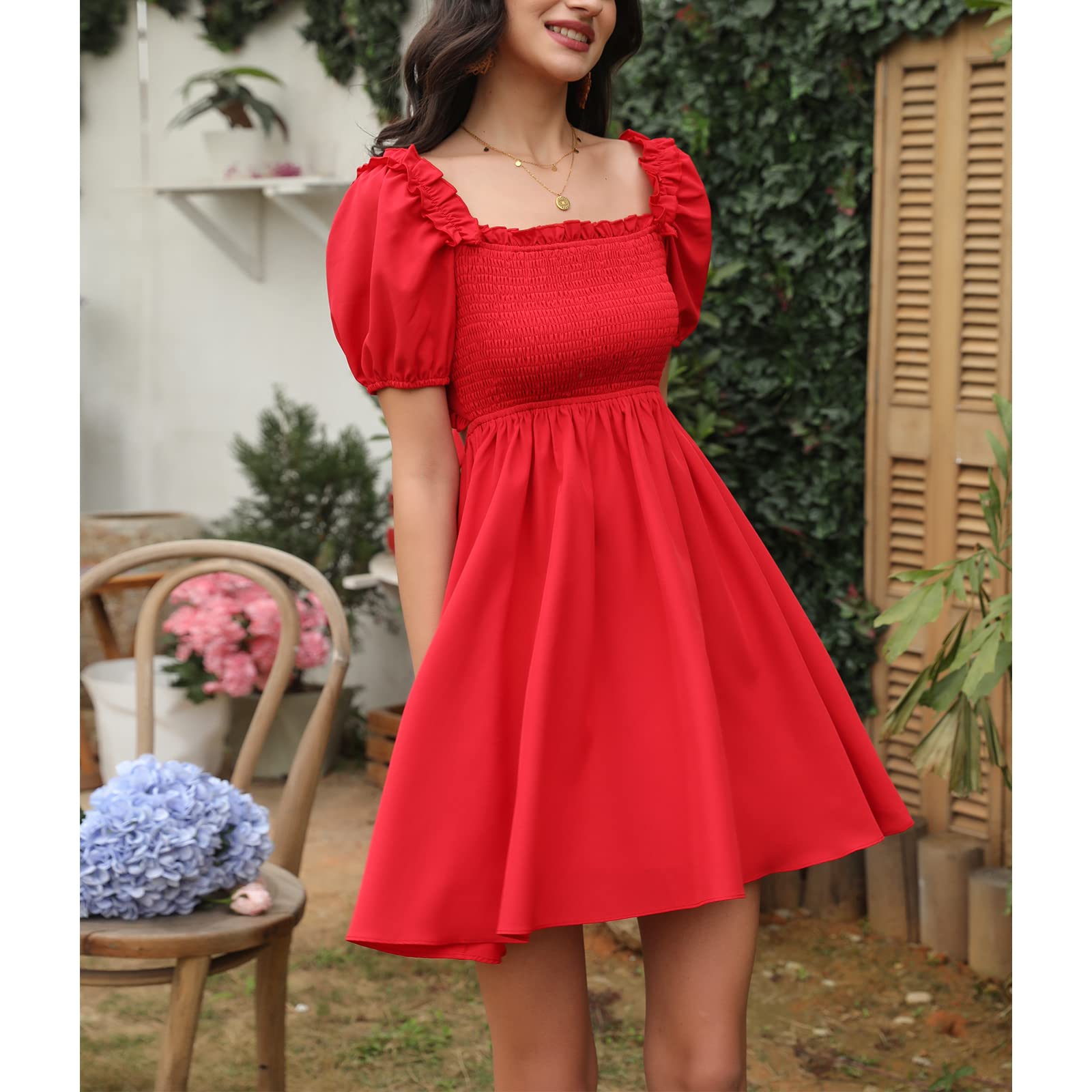 Byinns Women's Drawstring Mini Dress - Sweetheart Neckline, Smocked Bodice, Flowy Ruffled Long Sleeve Wedding Guest Dress | Perfect for Bridal Shower, Garden Party & Spring Occasions