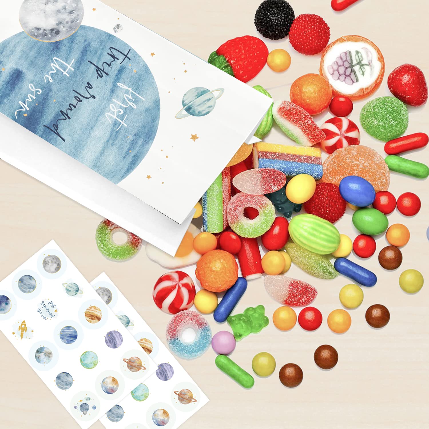 GROBRO7 26Pcs Solar System Party Favor Bags with Stickers - Space Themed Goodie Bags for 1st Birthday, Baby Shower & Kids Parties | Perfect for Planet Themed Decorations, Candy Treats & Gift Giving