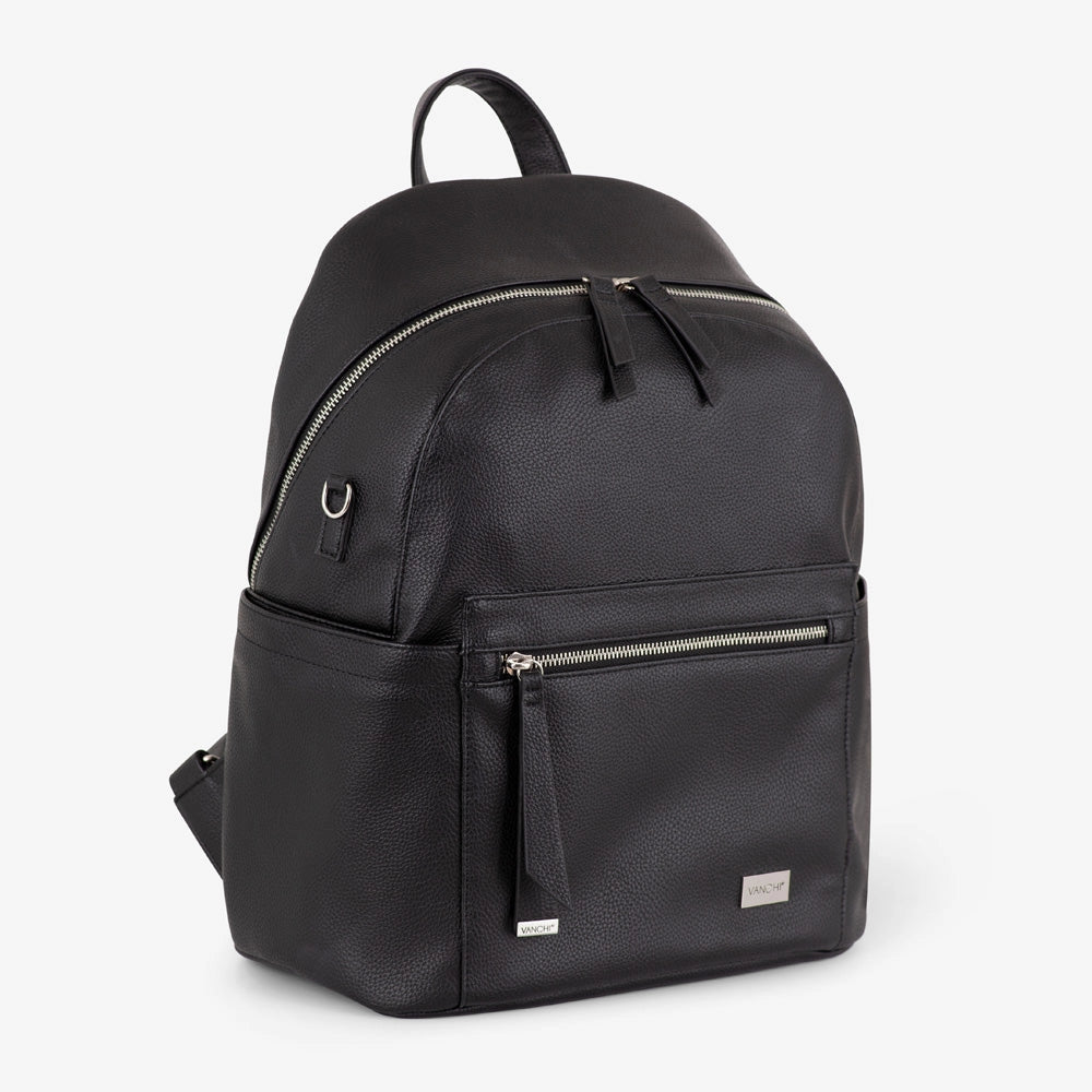 Vanchi Vegan Leather Manhattan 2-Way Backpack Diaper Bag - Stylish & Spacious Black Baby Bag for Moms - Perfect for Travel, Work & Daily Use