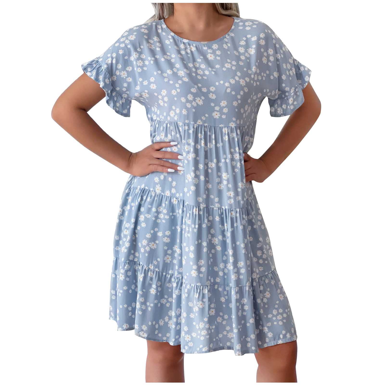Women's Floral Print Summer Sundress - Short Sleeve Crewneck Beach Dress with Tiered Flowy Design | Perfect for Vacation, Pool Parties & Casual Outings