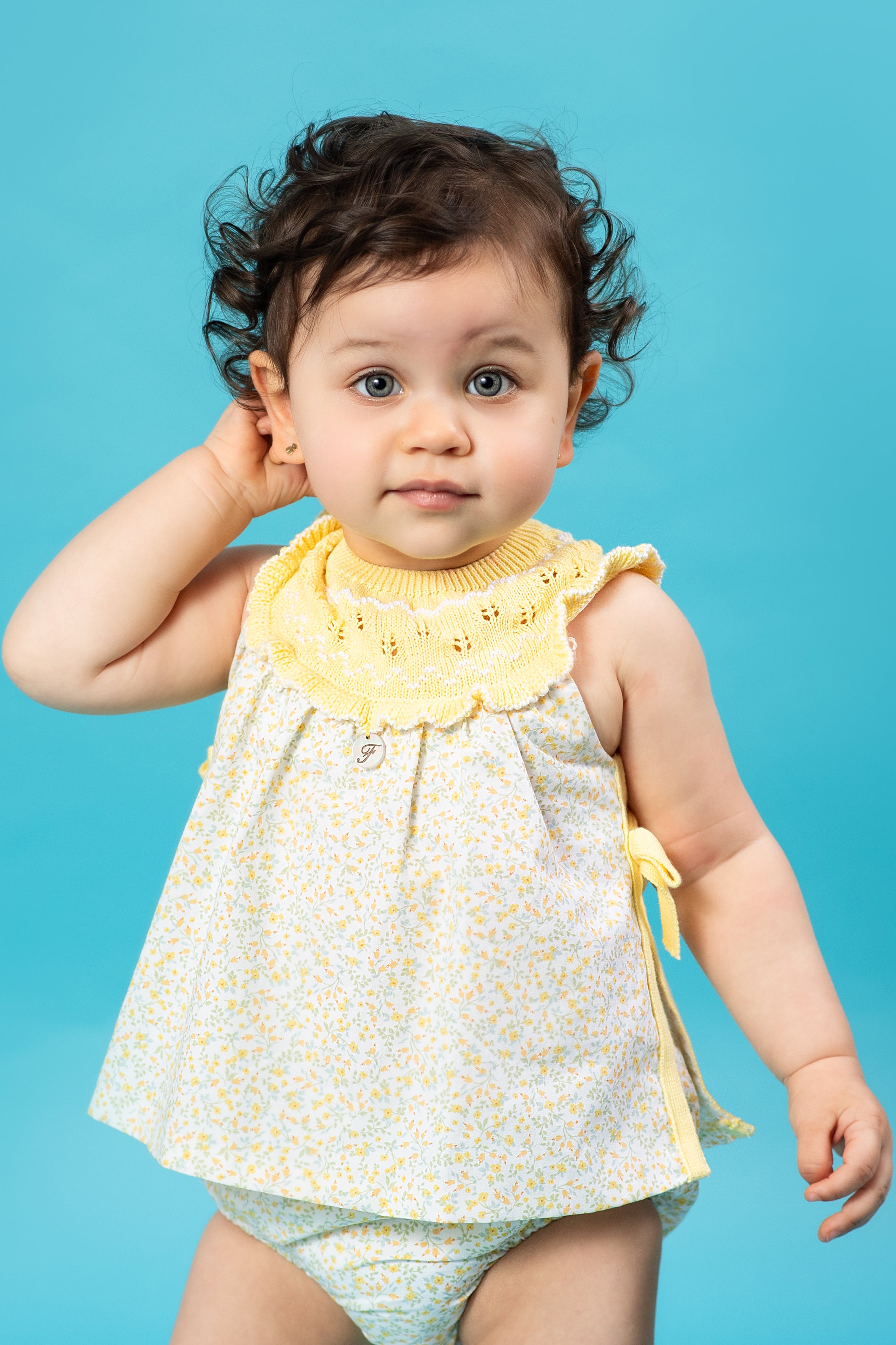 Tahlia Lemon Half Knit Floral Dress & Bloomers Set - Elegant Baby Girl Outfit for Photoshoots, Parties & Special Occasions
