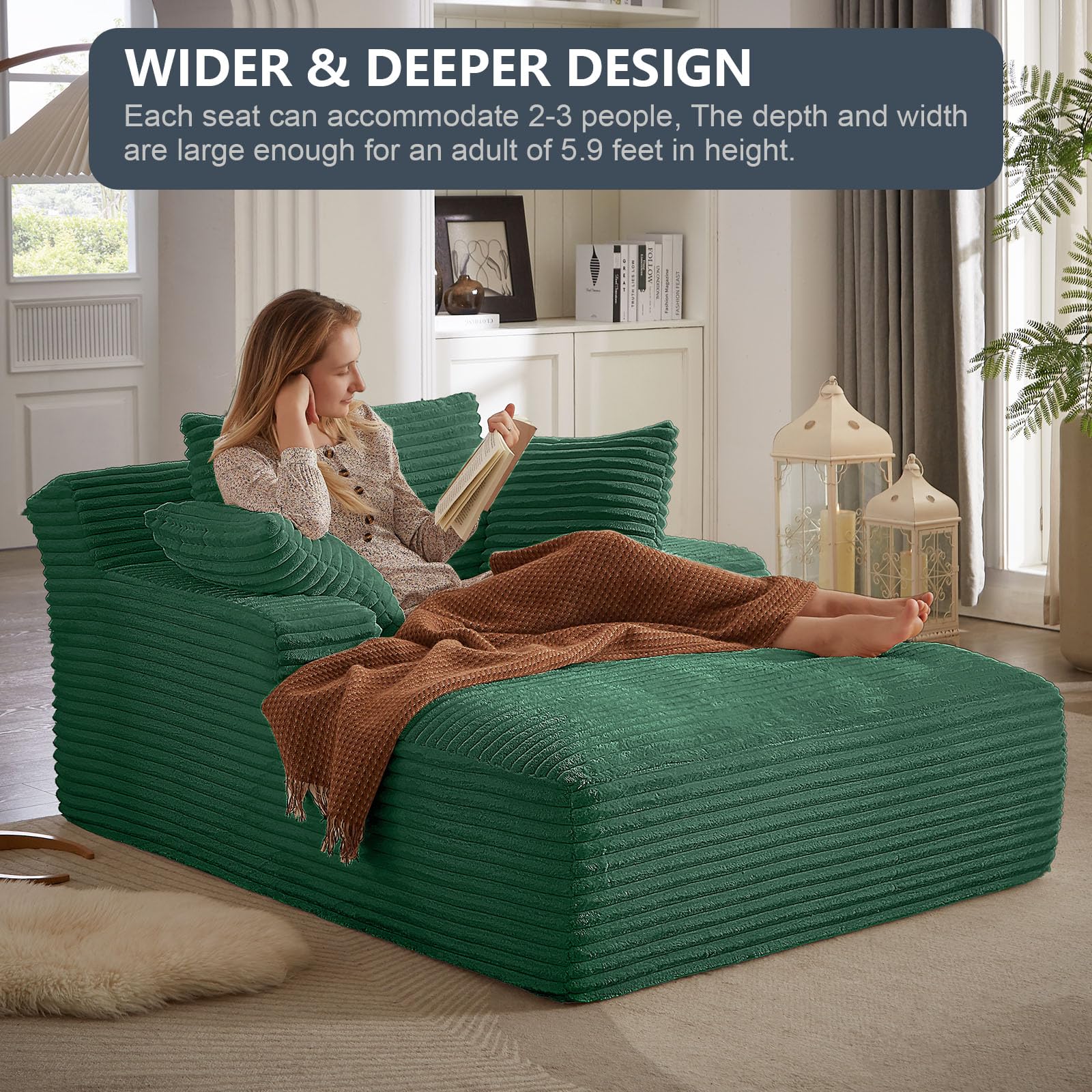 Oversized Corduroy Chaise Lounge Sofa Bed with Throw Pillows & Armrests - Recliner Cloud Couch for Living Room, Bedroom, Home Office - Comfortable Sleeper Sofa for Relaxing, Napping & Entertaining Guests