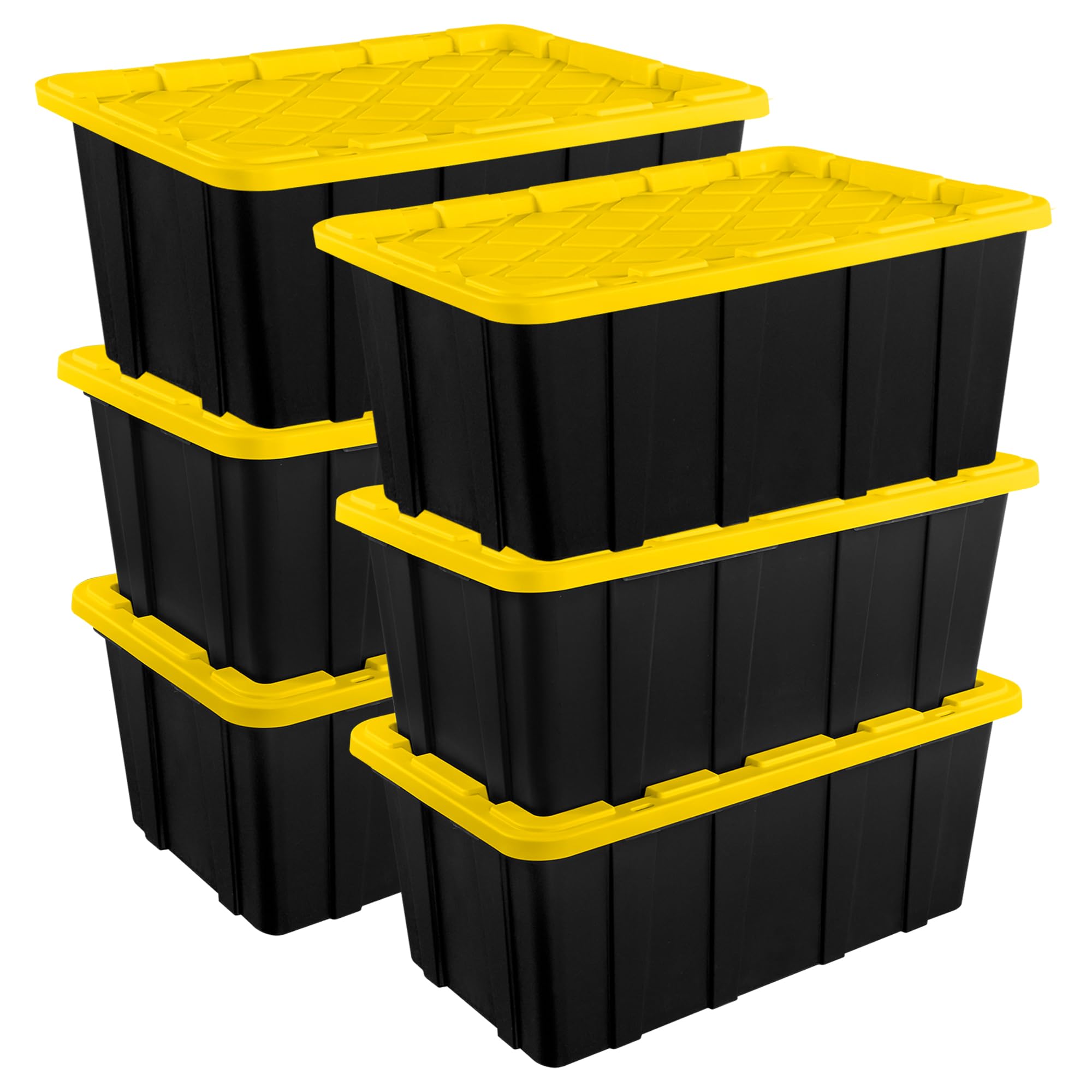 Sterilite 6-Pack Heavy Duty Stackable Storage Bins with Lids - 27 Gallon Black & Yellow Plastic Totes for Home Organization, Garage, and Office Storage