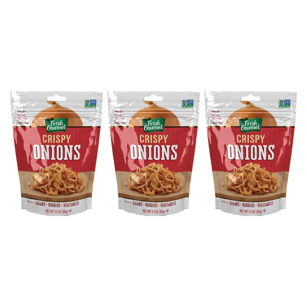 Fresh Gourmet Crispy Onions - 3.5oz (Pack of 3) - Crunchy Salad Topper & Snack - Perfect for Burgers, Salads, Soups and Party Appetizers