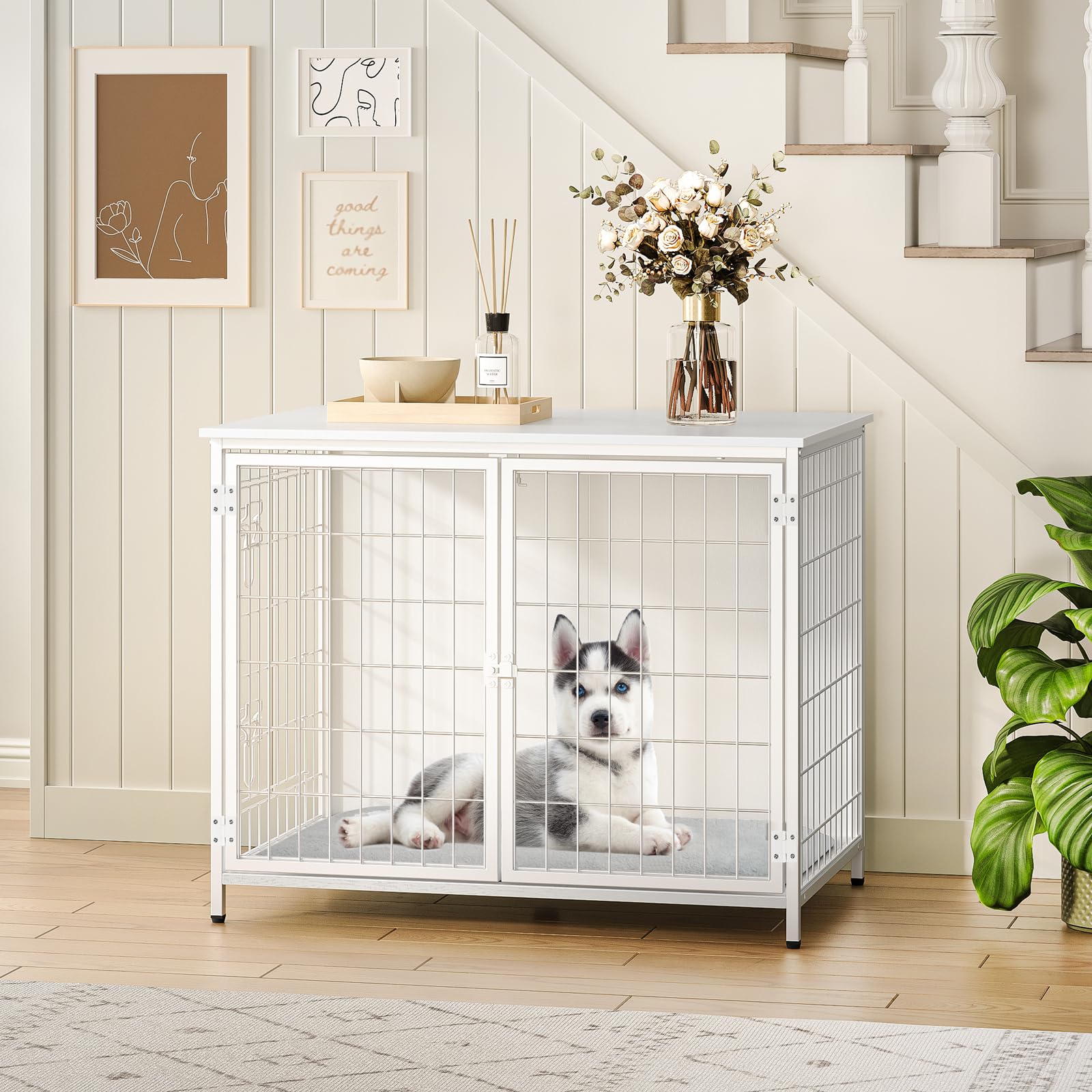 Premium Wooden Dog Crate Furniture with Plush Cushion - Double Door Heavy Duty Dog Kennel for Small Medium & Large Dogs - Indoor Dog House End Table (31.5