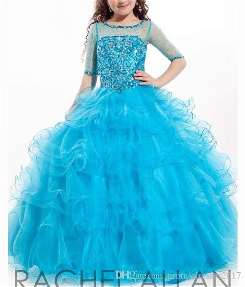 Girl's Beaded Jewel Neck Pageant Dress - Organza 3/4 Sleeve Formal Gown for Birthday Parties, Pageants, and Special Occasions