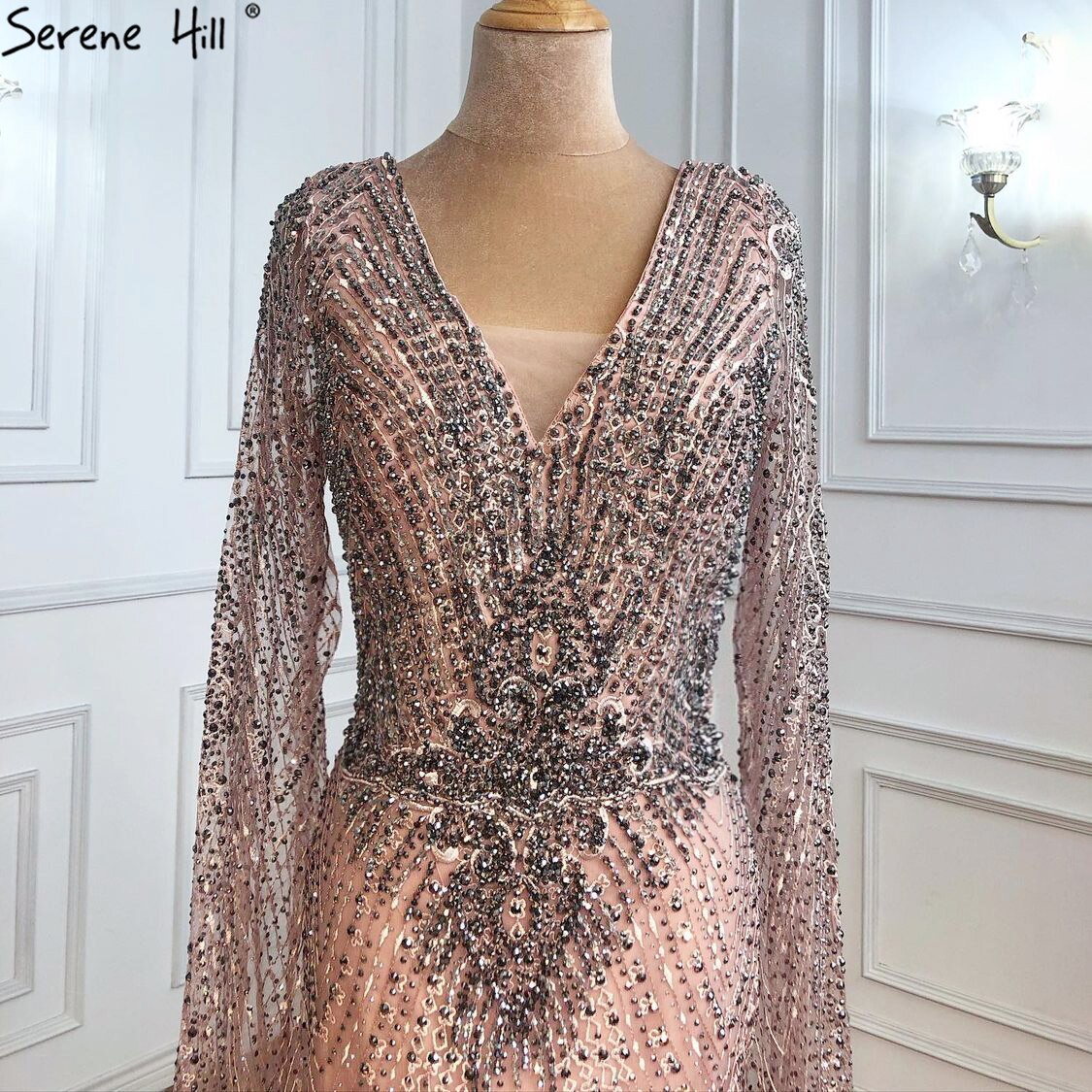 Serene Hill Luxury Grey Lace Elegant Mermaid Evening Gown with Cape Sleeves - Women's Sexy Formal Dress for Prom, Wedding, Gala & Special Occasions