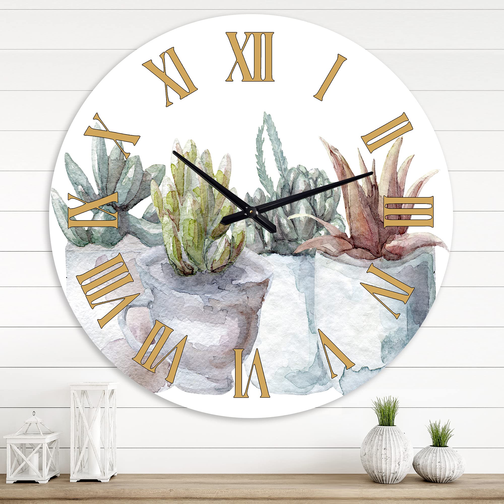 Farmhouse Wall Clock with Cactus and Succulent Design - Large Floral Botanical Wall Decor for Bedroom, Living Room, Kitchen & Office - Perfect Rustic Home Decor Gift Idea