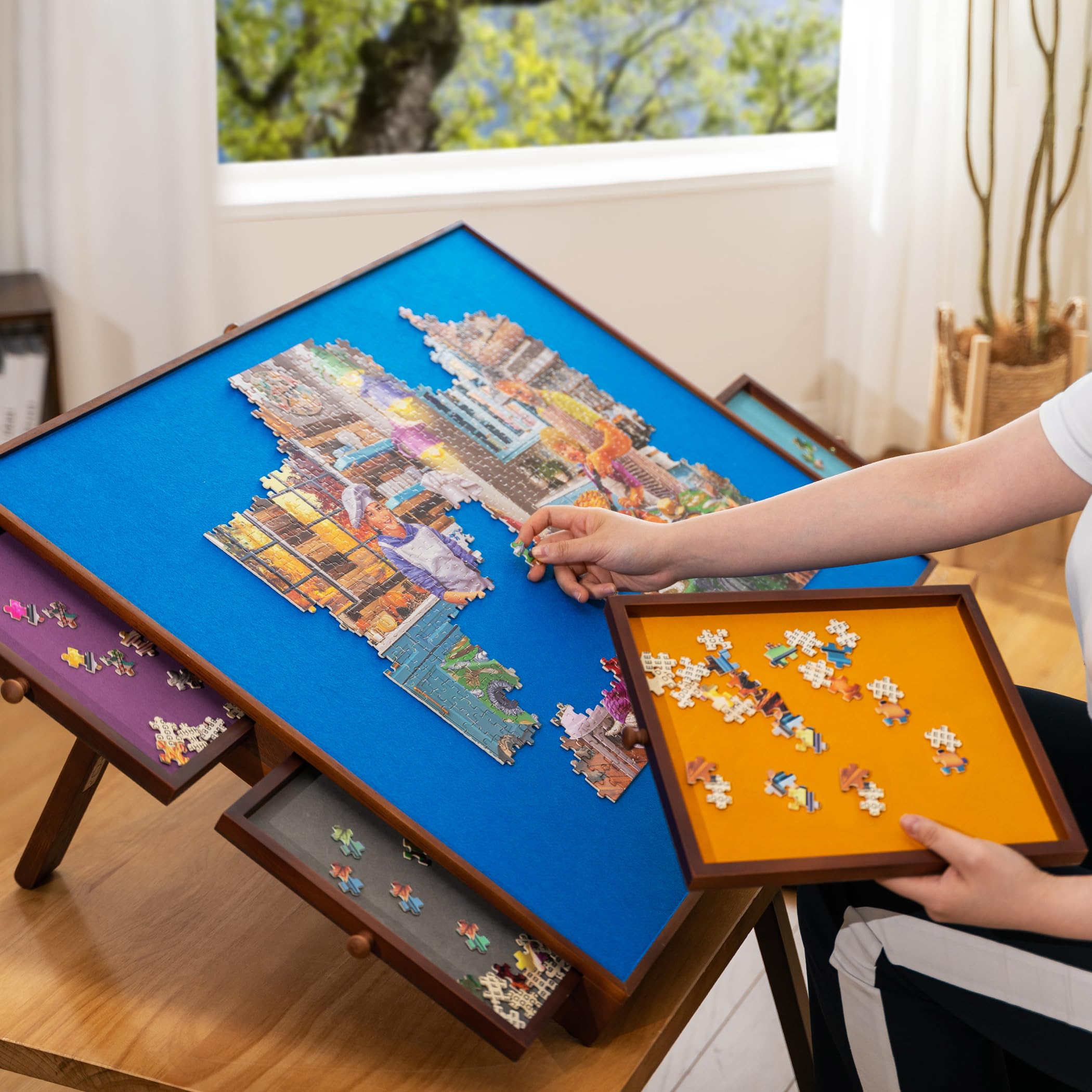 Premium Jigsaw Puzzle Table with Foldable Legs & Adjustable Stand - Large Puzzle Board with PP Cover & 6 Storage Drawers - Holds 1500, 1000, 500 Piece Puzzles - Perfect for Family Game Nights, Relaxation & Home Decor