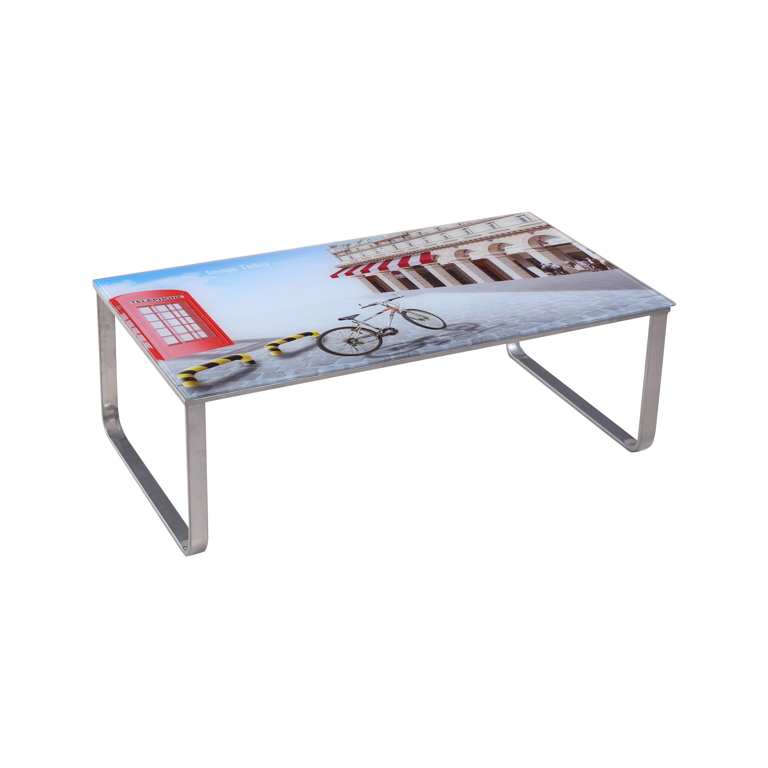Stylish Eclectic Living Room Coffee Table with Sturdy Steel Frame & 8mm Tempered Glass Top - Scenic Bicycle Design - Perfect for Modern Homes, Apartments & Lounge Areas