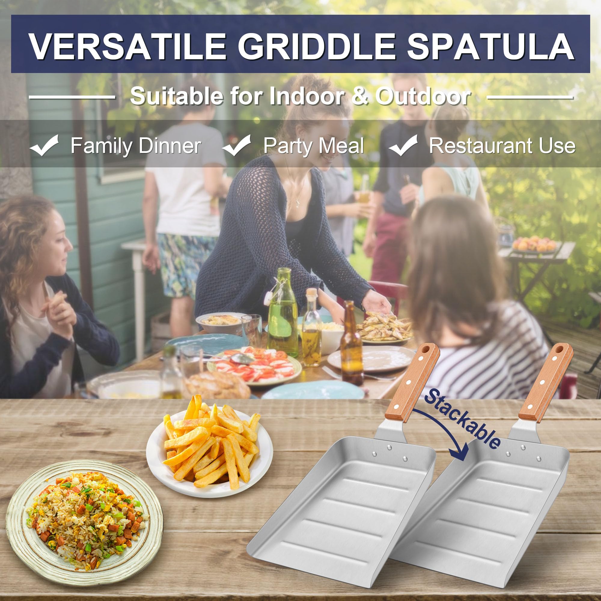 Joyfair 2-Piece Large Metal Spatula Set - Heavy Duty Stainless Steel Griddle Scoop & Burger Turner for Flat Top BBQ Grill - Corrugated Surface Grilling Accessories with Wooden Handle - Perfect for Outdoor Cooking, Camping, and Backyard BBQs