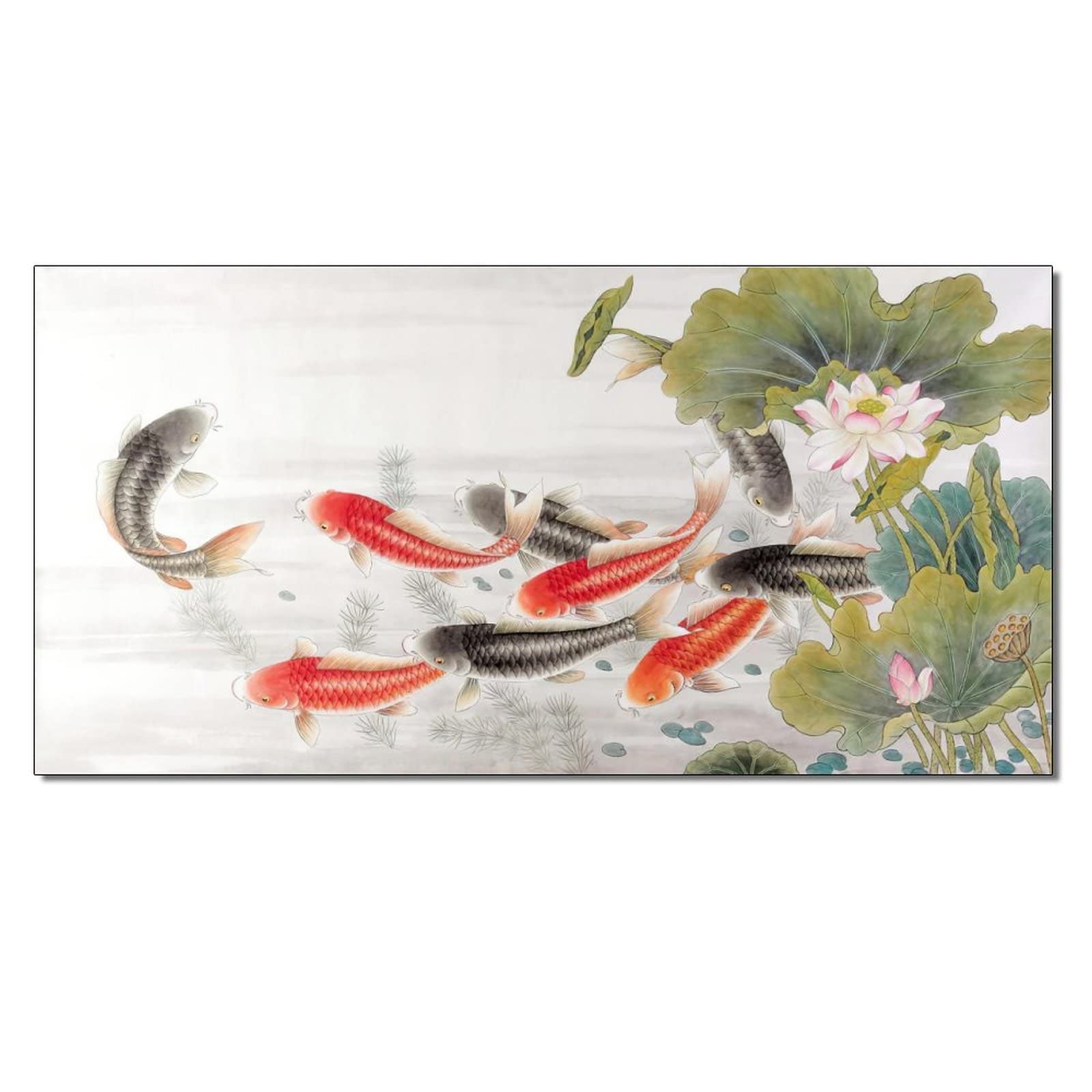 Chinese Style Watercolor Koi Fish & Lotus Canvas Print - Abstract Colorful Oil Painting Wall Art Poster for Bedroom, Living Room Decor (16x32 Inches) - Perfect for Home, Office & Gift Giving