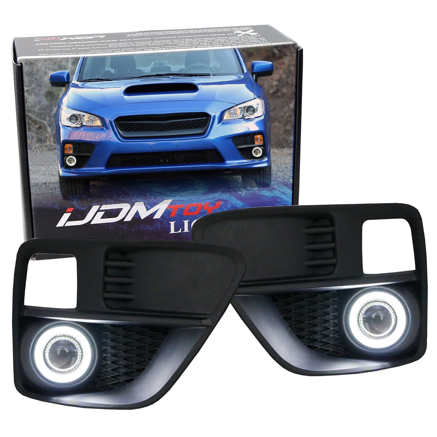 iJDMTOY LED Projector Fog Lights Kit for 2015-2017 Subaru WRX & STi - 40-SMD LED Halo Ring Parking Lights, 2 LED Fog Lamps, Matte Bezel Covers & Relay Harness with Switch - Upgrade Your Night Driving Visibility & Style