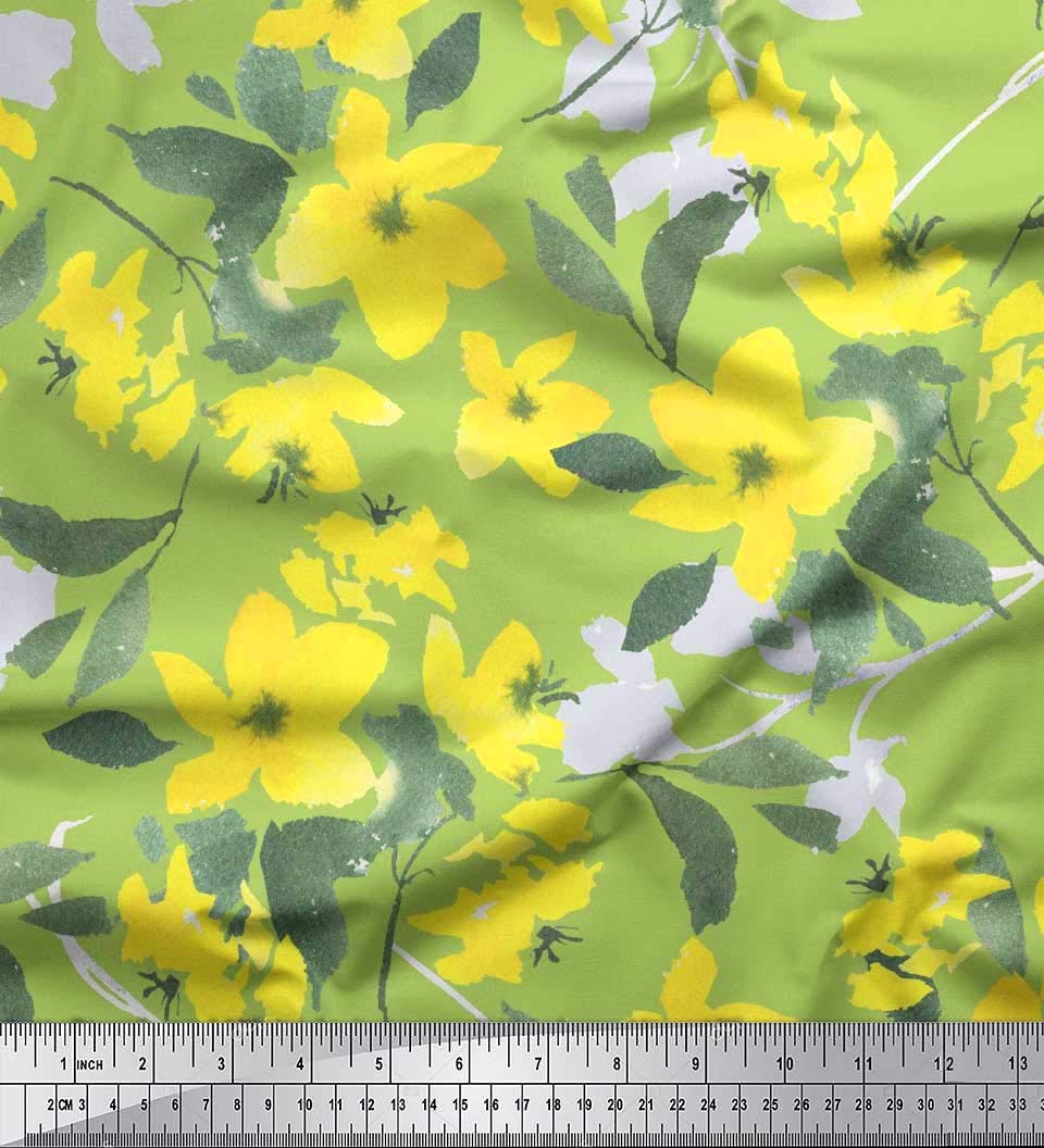 Soimoi 42 Inch Wide Satin Silk Fabric - Leaves & Yellow Flower Watercolor Print Fabric by The Yard for DIY Dresses, Curtains & Home Decor Projects