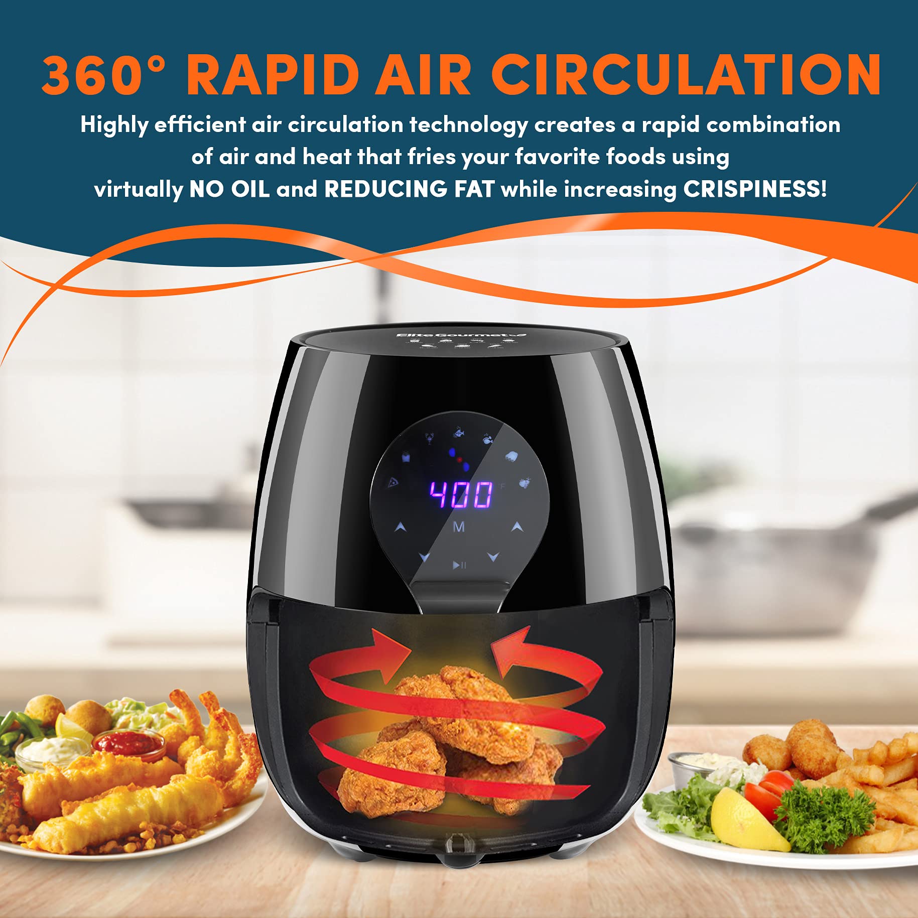 Elite Gourmet EAF5317D# 5.3Qt Digital Air Fryer - 7 Preset Functions, 1350W Oil-Free Healthy Cooking, Adjustable Timer & Temperature, Black | Perfect for Frying, Baking, Roasting & Grilling Chicken, Fries, Vegetables & More