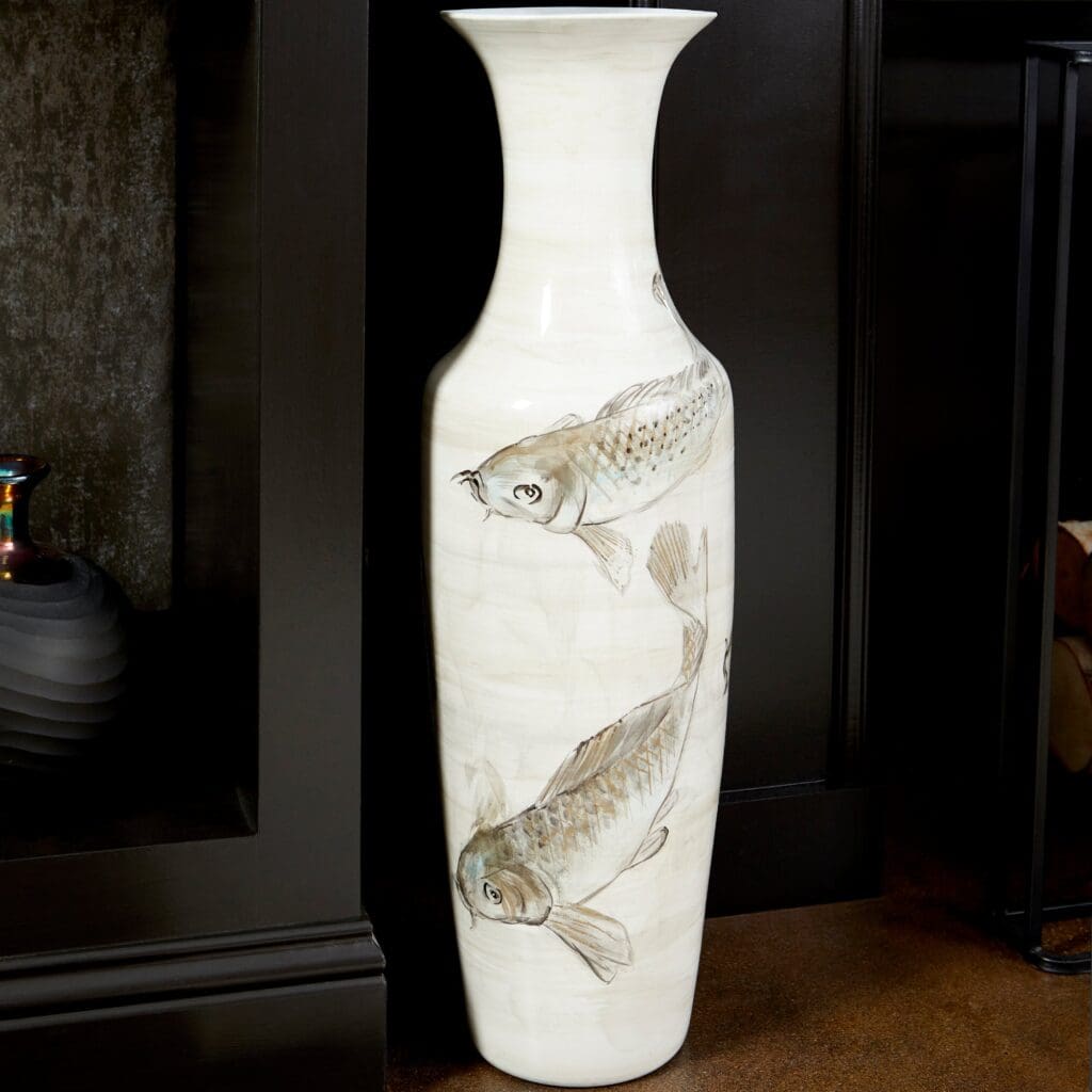 Cyan Design 09883 Playing Koi Vase - Handcrafted Ceramic Home Decor for Living Room, Bedroom & Office - Tan and Ivory Asian Inspired Vase with Koi Fish Design