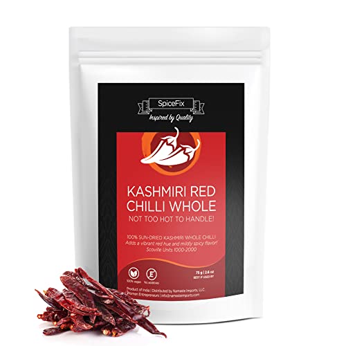 Premium Whole Kashmiri Red Chili Pepper - Mild to Medium Heat, Sun-Dried & Stemless Indian Dried Chillies in Resealable Bag (2.6oz) - Perfect for Curries, Stews, and Authentic Indian Cuisine