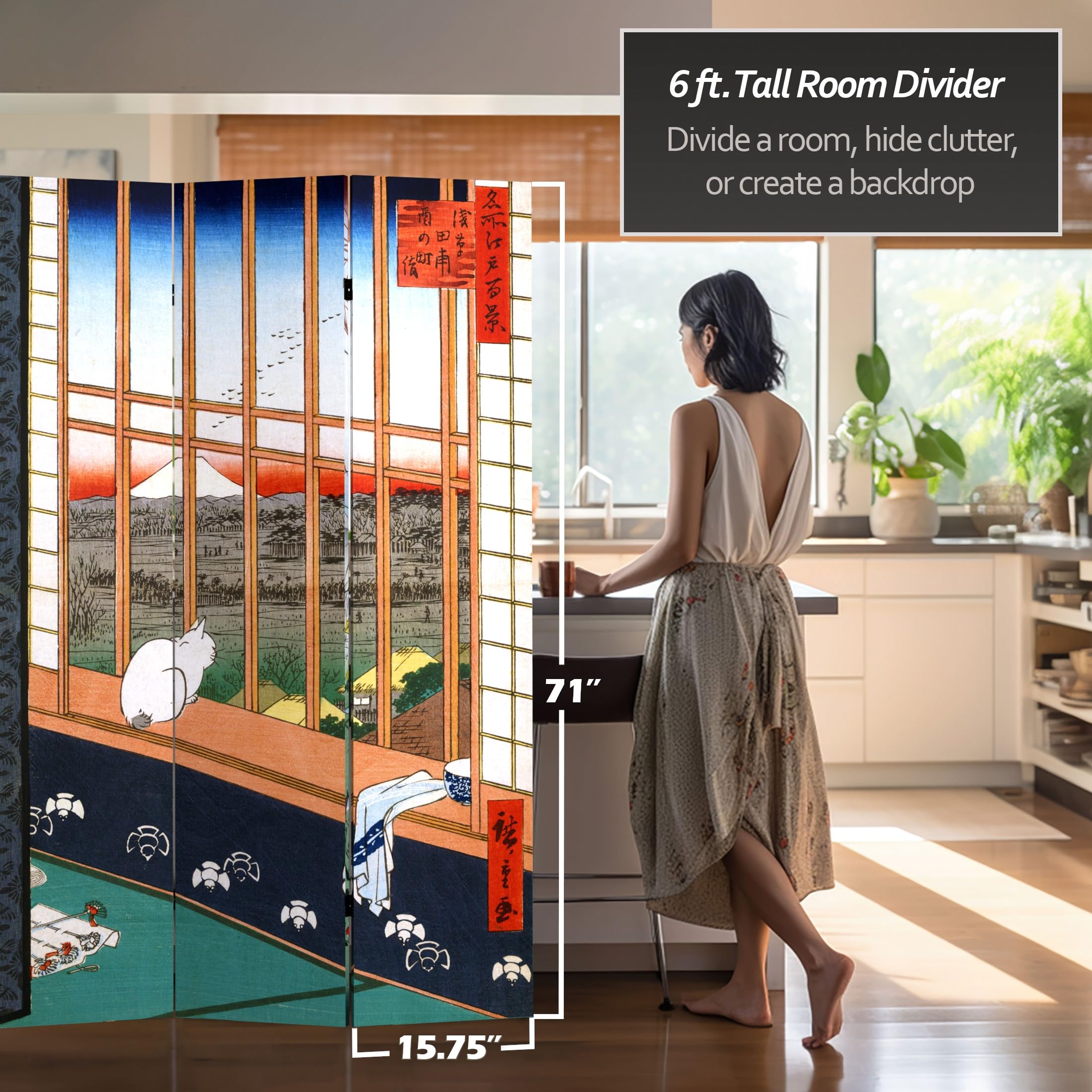6 ft. Tall Double-Sided Hiroshige Asakusa Rice Field & Otsuki Plain Folding Room Divider - 3 Panel Japanese Shoji Screen (71 Inches High) for Home Decor, Office Partition, and Asian-Themed Event Backdrop