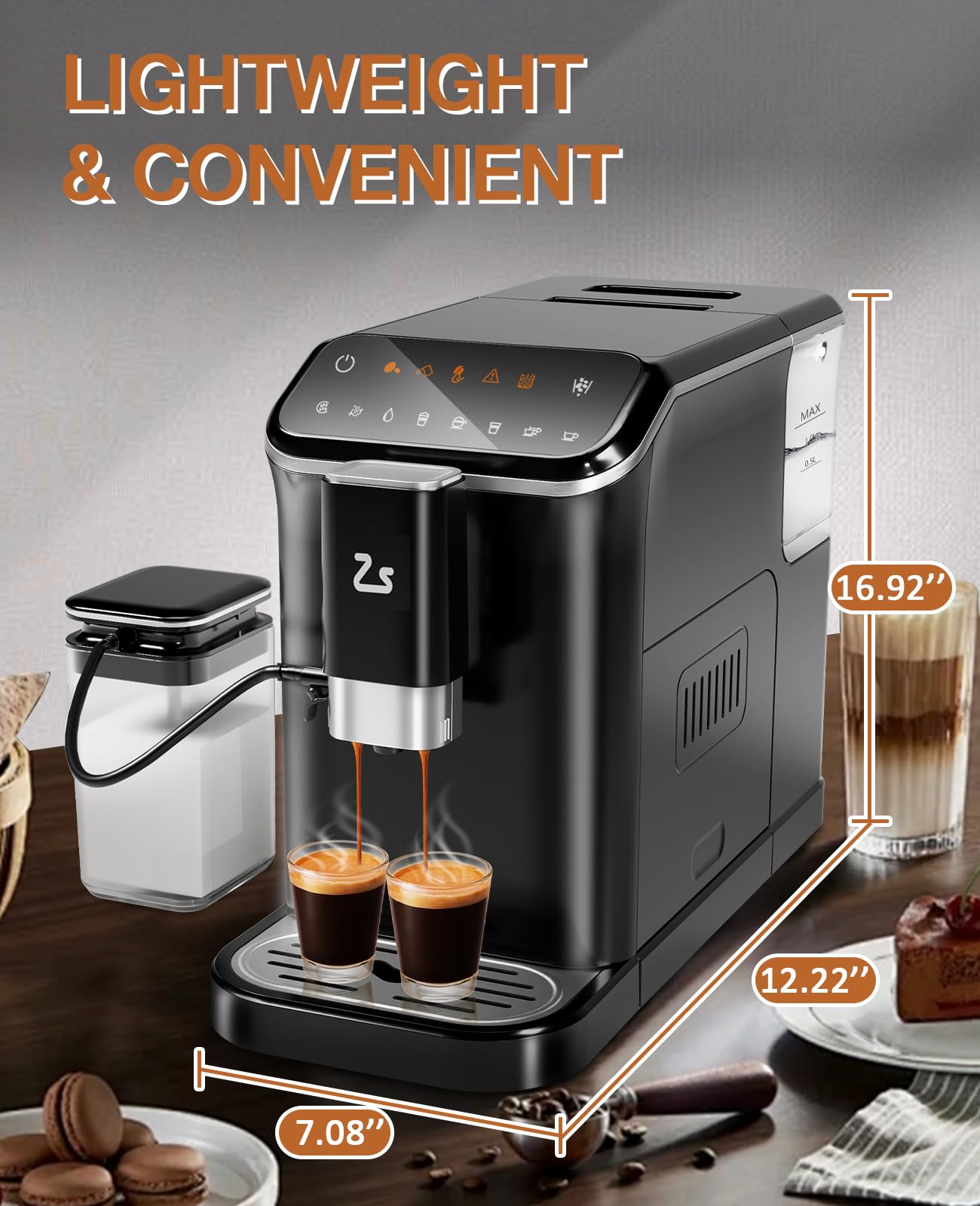 Premium 20 Bar Super-Automatic Espresso Machine with Built-in Adjustable Grinder & Milk Tank - 15 Grind Size Levels - Perfect Gift for Coffee Lovers - Ideal for Home, Office & Cafe Use