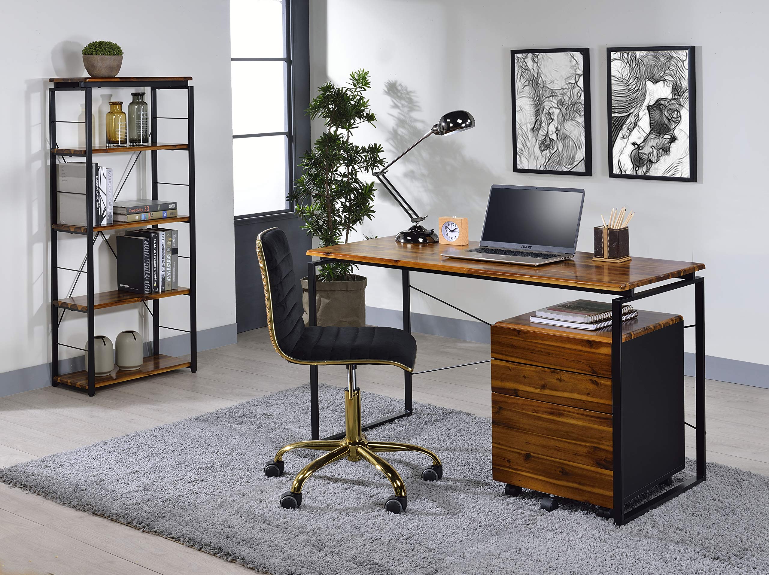Acme Jurgen Oak & Black Wooden Rectangle Writing Desk - Perfect for Home Office, Study & Workspace