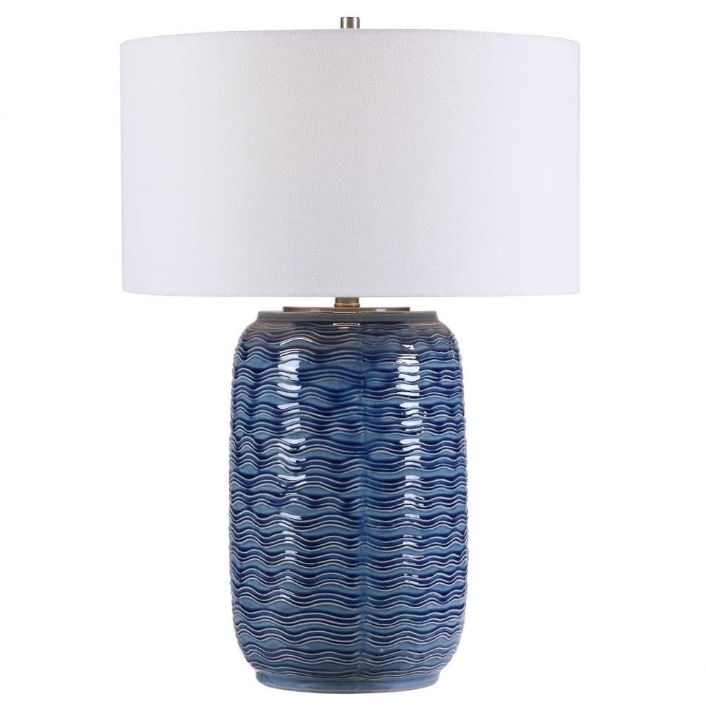 Light Blue Ceramic Table Lamp with White Linen Drum Shade - 3-Way Switch for Bedroom, Living Room, or Office Decor - Modern Home Lighting Fixture