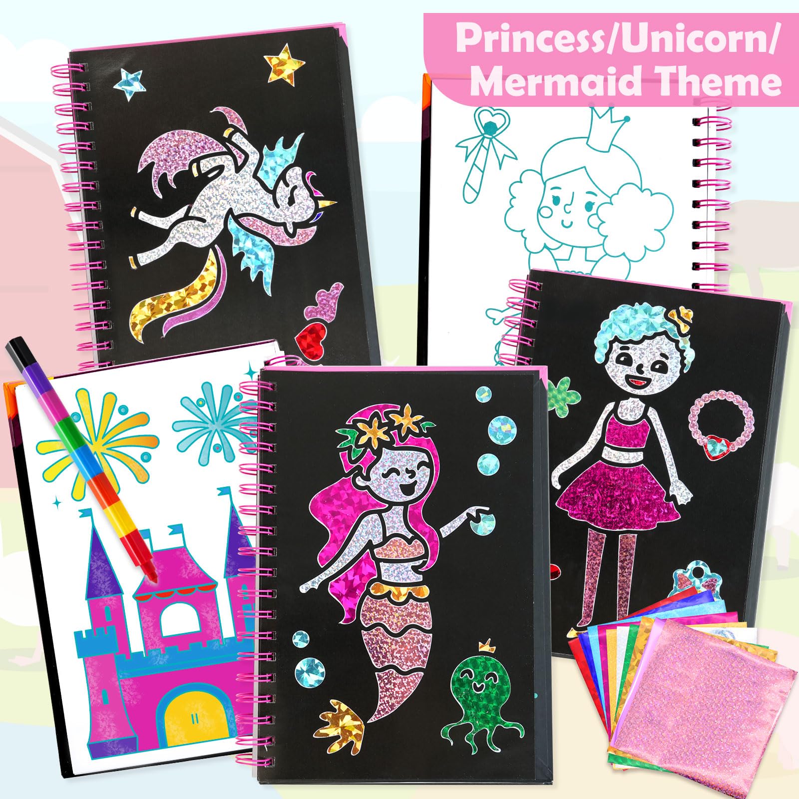 Foil Art Craft Kit for Kids - DIY No Mess Sticker Activity Set, Creative Travel Toys for Toddlers Ages 4-9, Easter Basket Stuffers, Birthday Gifts for Boys & Girls (Princess Theme) - Perfect for Party Favors & Classroom Art Projects