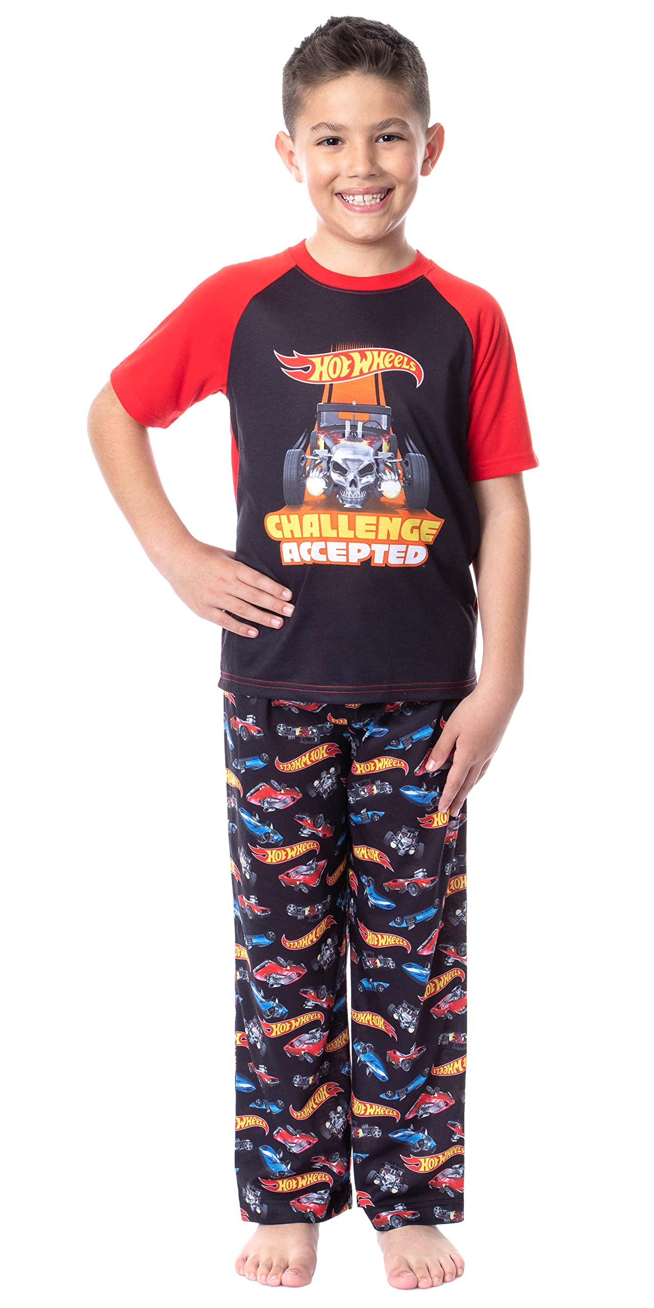 Hot Wheels Boys' Sleep Pajama Set - 100% Cotton Raglan Tee & Pants - Cool Race Car Print - Perfect for Bedtime & Playtime (Challenge Accepted Design)