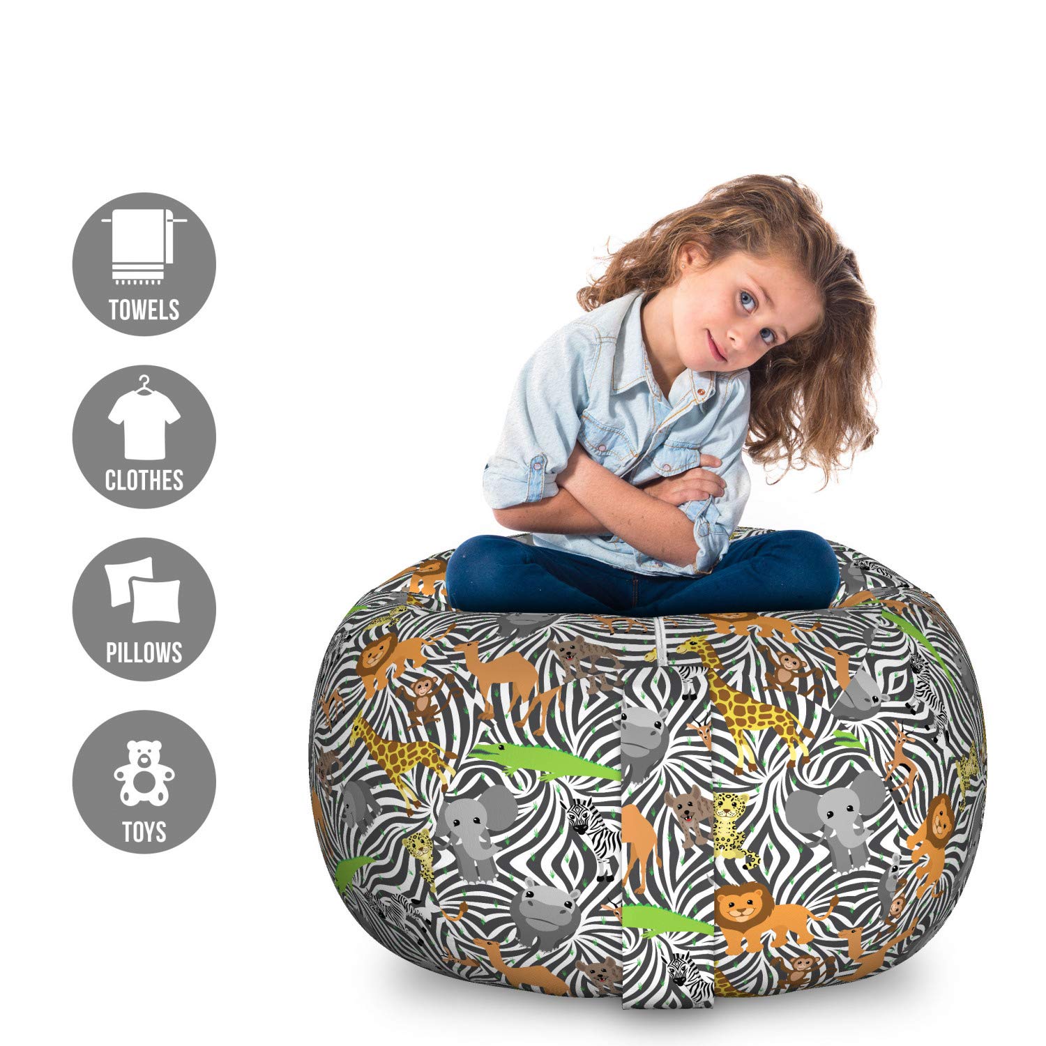 Lunarable Alligator Print Storage Toy Bag Chair - Large Washable Stuffed Animal Organizer with Zebra Skin Backdrop & Tiger Camel Monkey Design - Perfect for Kids' Room, Nursery, Playroom & Toy Storage Organization
